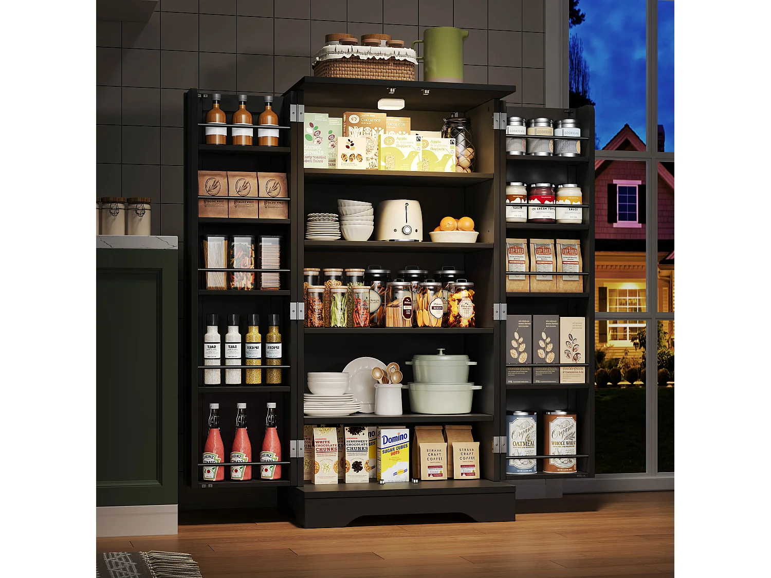 Küchenbuffet 60x40x120 cm - mit LED-Lichtsensor - mit 2 Türen - mit Regalen - Schwarz