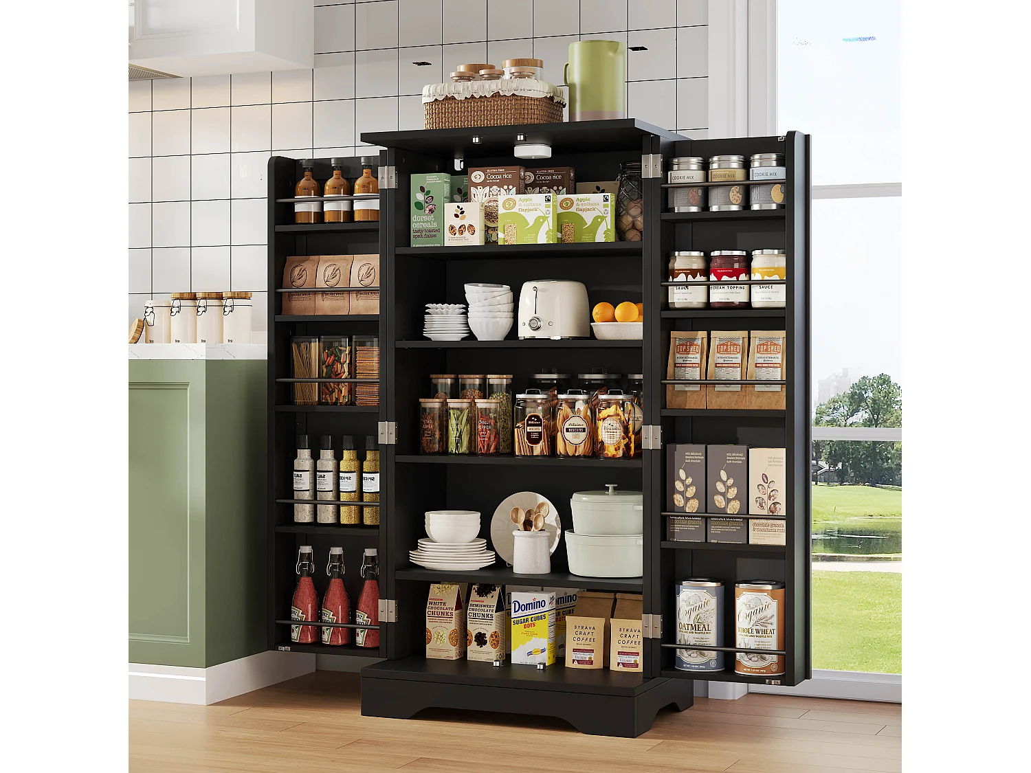 Buffet de cuisine 60x40x120cm - avec capteur de lumière LED - avec 2 portes - avec étagères - Noir