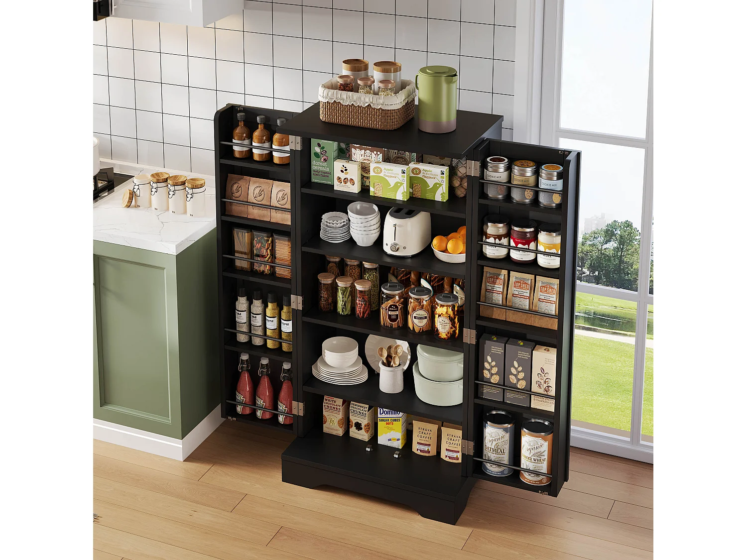 Buffet de cuisine 60x40x120cm - avec capteur de lumière LED - avec 2 portes - avec étagères - Noir