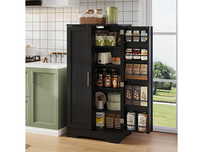 Buffet de cuisine 60x40x120cm - avec capteur de lumière LED - avec 2 portes - avec étagères - Noir