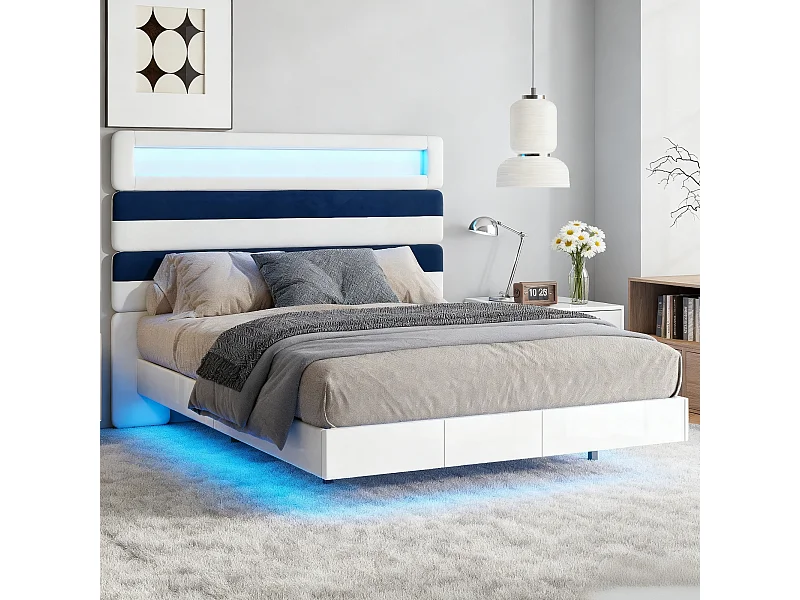 Lit 140x190 cm avec LED et USB - lit adulte raie 140x190 cm - cadre de lit double 140x190 cm avec sommier à lattes - tissu en  velours - blanc cassé et bleu