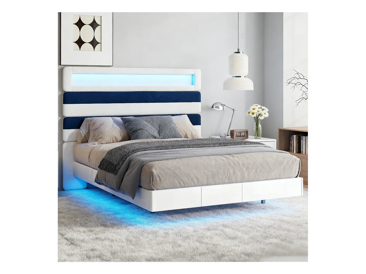 Lit 140x190 cm avec LED et USB - lit adulte raie 140x190 cm - cadre de lit double 140x190 cm avec sommier à lattes - tissu en  velours - blanc cassé et bleu