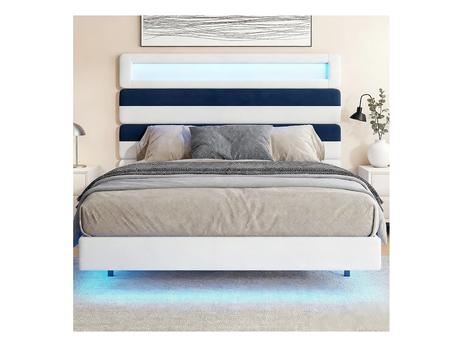 Lit 140x190 cm avec LED et USB - lit adulte raie 140x190 cm - cadre de lit double 140x190 cm avec sommier à lattes - tissu en  velours - blanc cassé et bleu