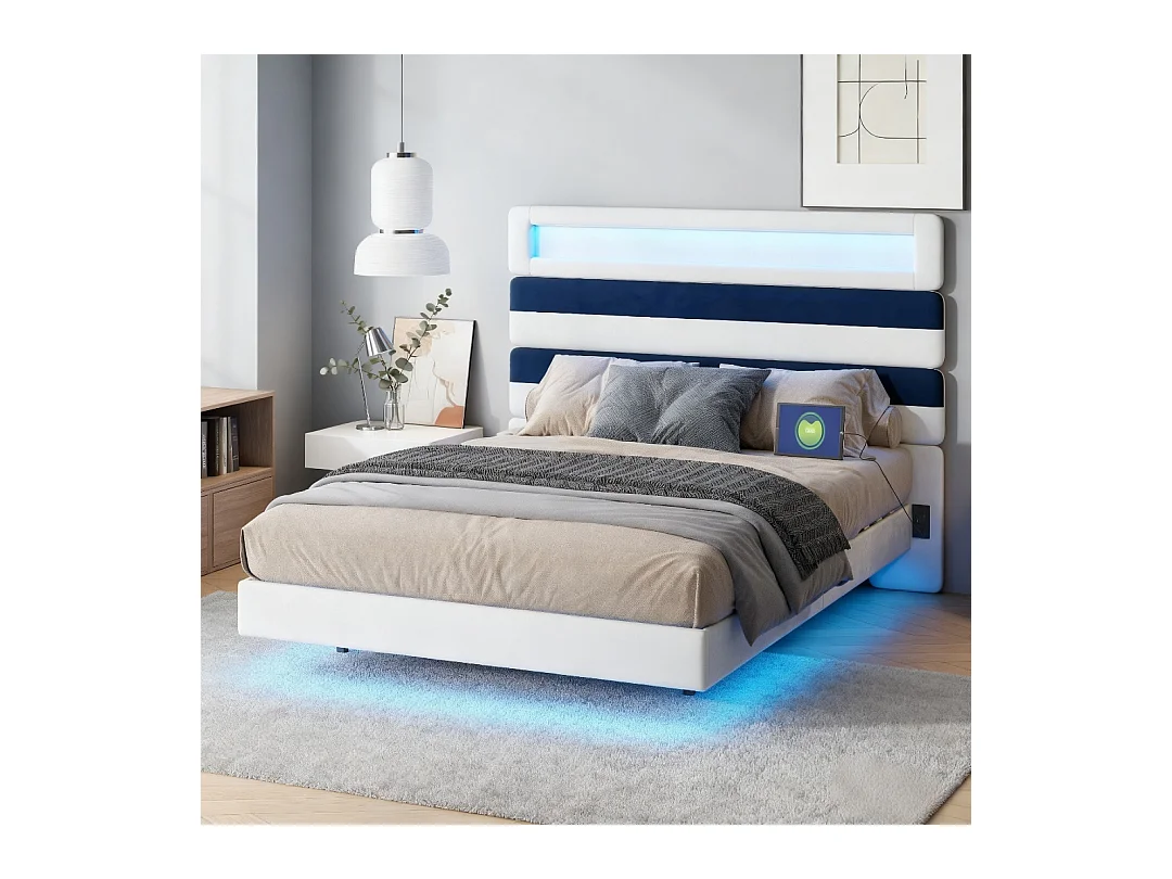 Lit 140x190 cm avec LED et USB - lit adulte raie 140x190 cm - cadre de lit double 140x190 cm avec sommier à lattes - tissu en  velours - blanc cassé et bleu
