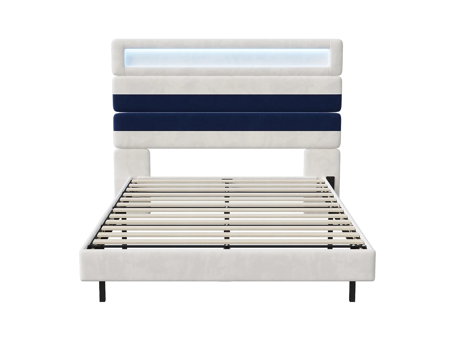 Lit 140x190 cm avec LED et USB - lit adulte raie 140x190 cm - cadre de lit double 140x190 cm avec sommier à lattes - tissu en  velours - blanc cassé et bleu
