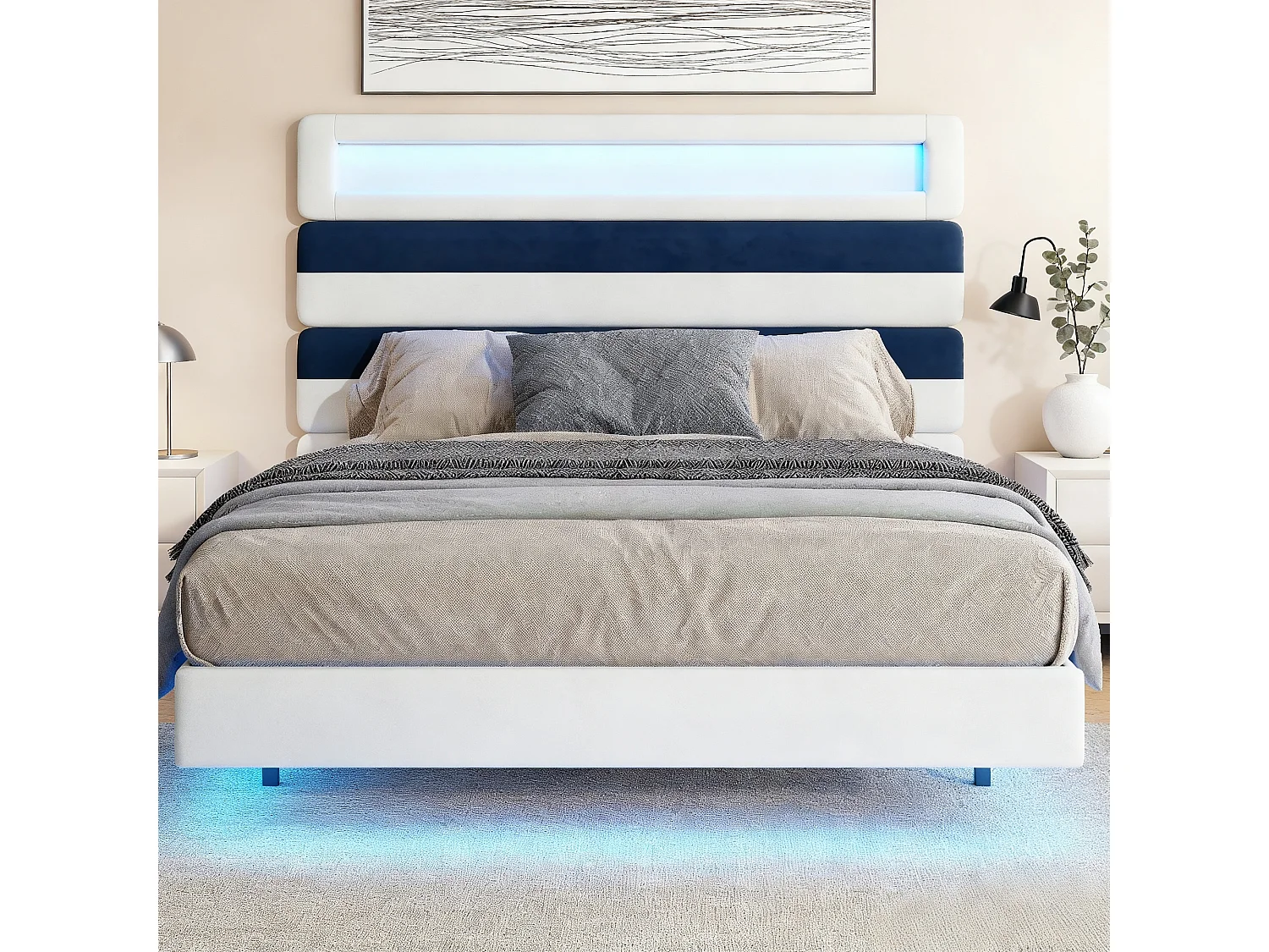 Lit 140x190 cm avec LED et USB - lit adulte raie 140x190 cm - cadre de lit double 140x190 cm avec sommier à lattes - tissu en  velours - blanc cassé et bleu