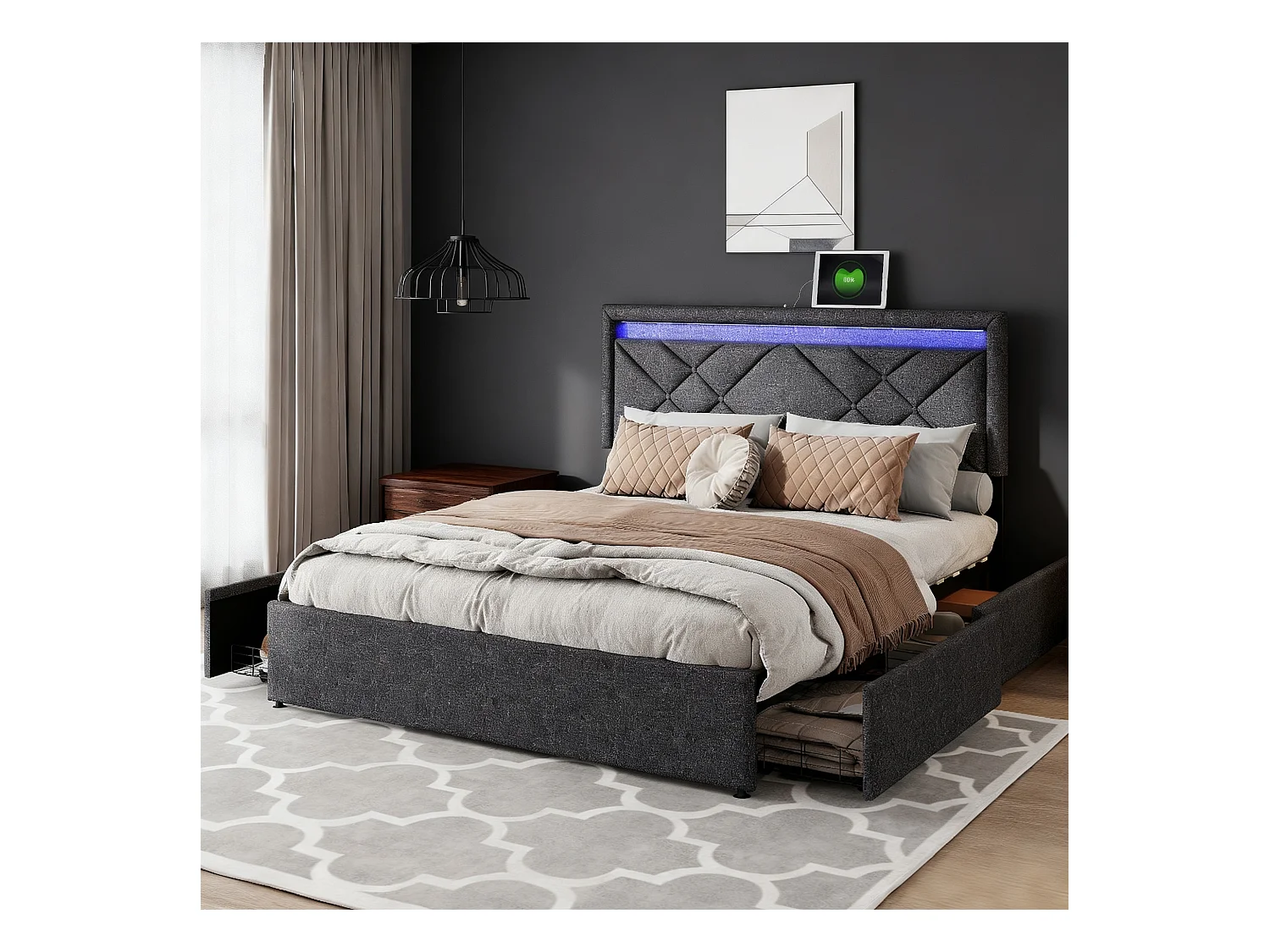 Lit 160x200 cm avec LED et USB - lit adulte 160x200 cm avec tiroirs rembourré - cadre de lit double 160x200 cm avec sommier à lattes - tissu en lin - gris