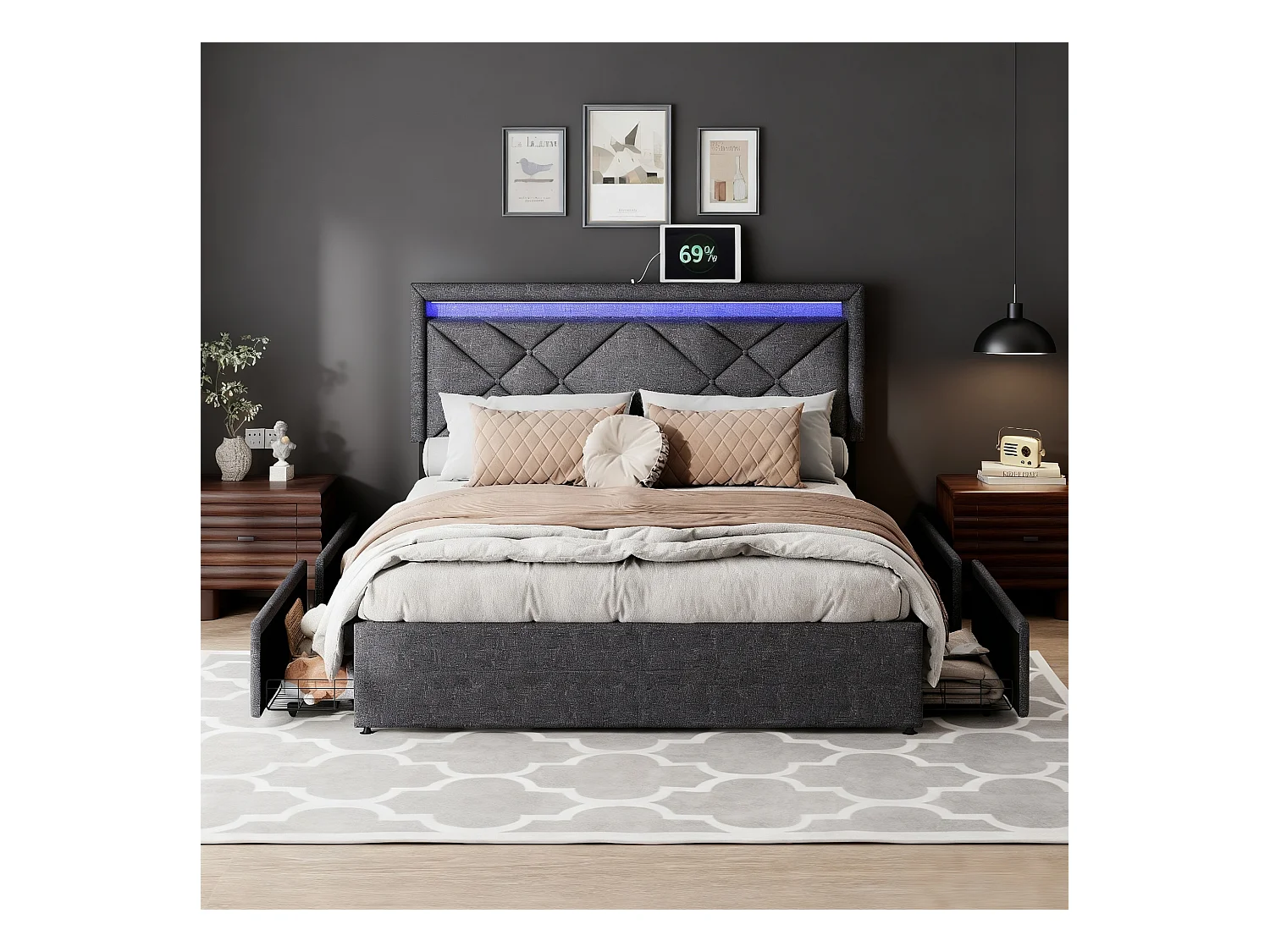 Lit 160x200 cm avec LED et USB - lit adulte 160x200 cm avec tiroirs rembourré - cadre de lit double 160x200 cm avec sommier à lattes - tissu en lin - gris