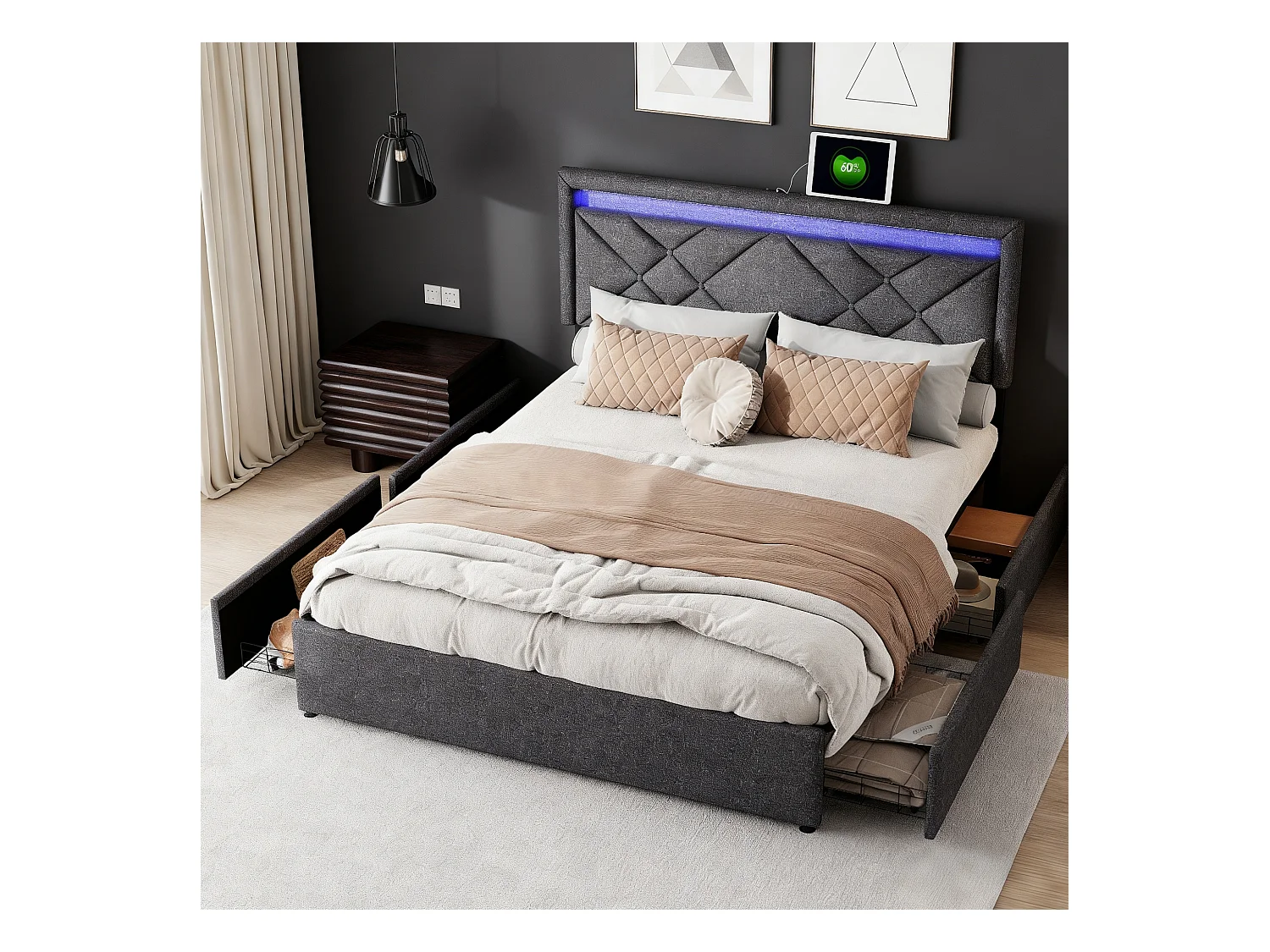 Lit 160x200 cm avec LED et USB - lit adulte 160x200 cm avec tiroirs rembourré - cadre de lit double 160x200 cm avec sommier à lattes - tissu en lin - gris