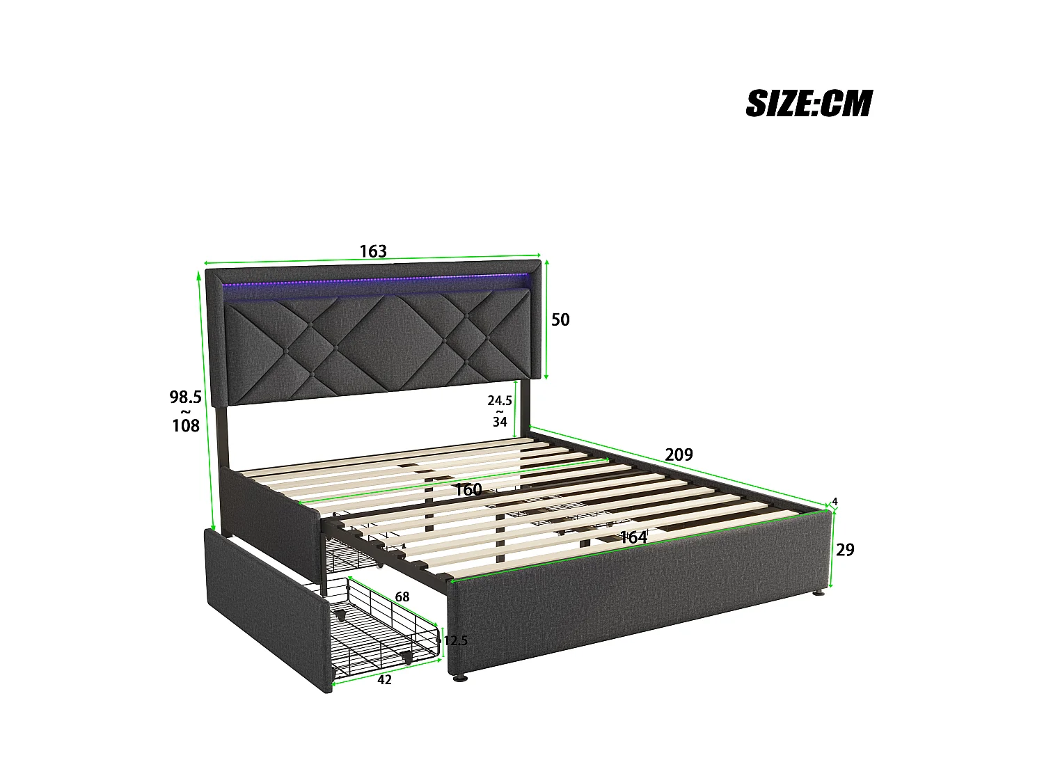 Lit 160x200 cm avec LED et USB - lit adulte 160x200 cm avec tiroirs rembourré - cadre de lit double 160x200 cm avec sommier à lattes - tissu en lin - gris