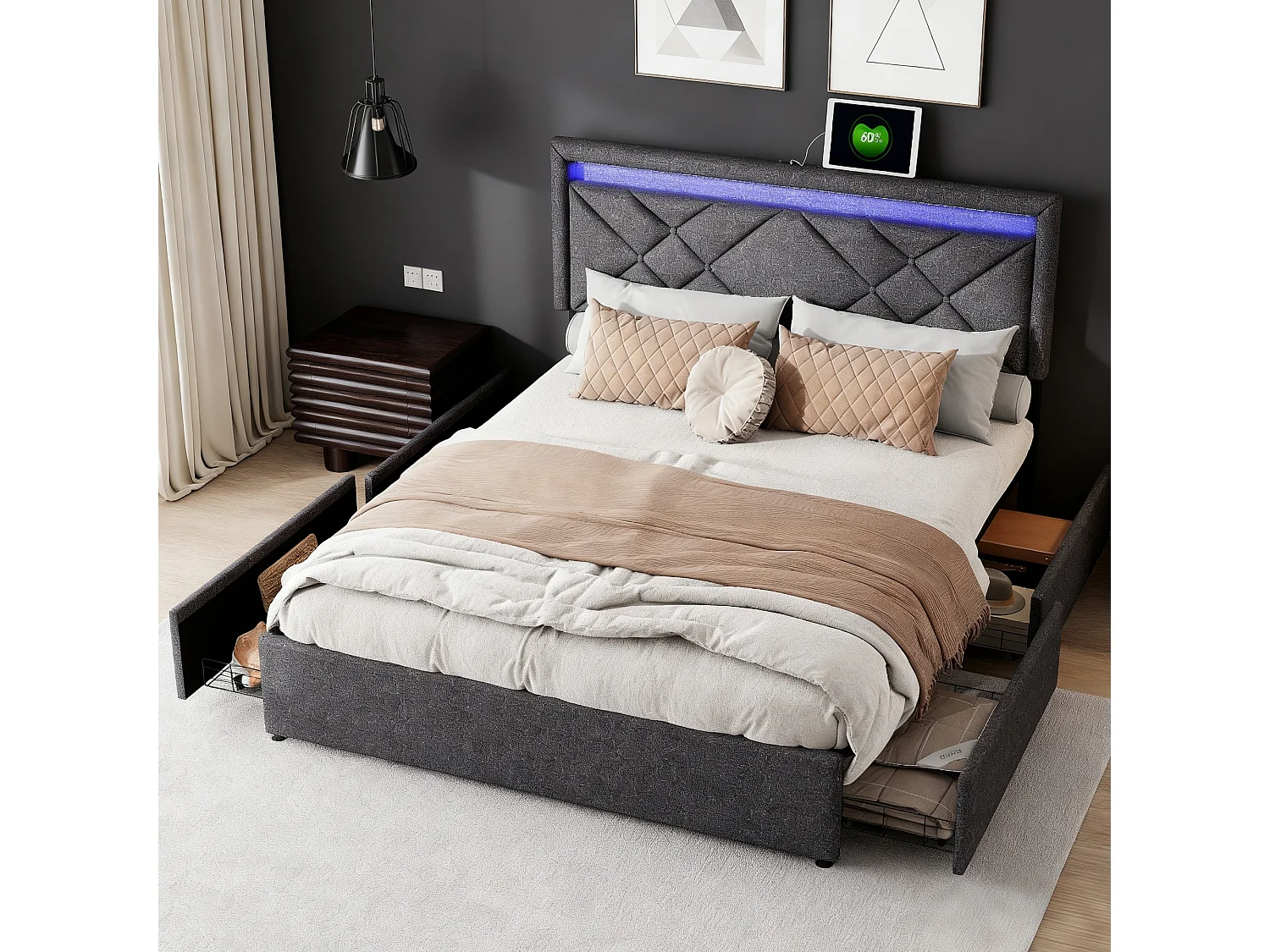 Lit 160x200 cm avec LED et USB - lit adulte 160x200 cm avec tiroirs rembourré - cadre de lit double 160x200 cm avec sommier à lattes - tissu en lin - gris