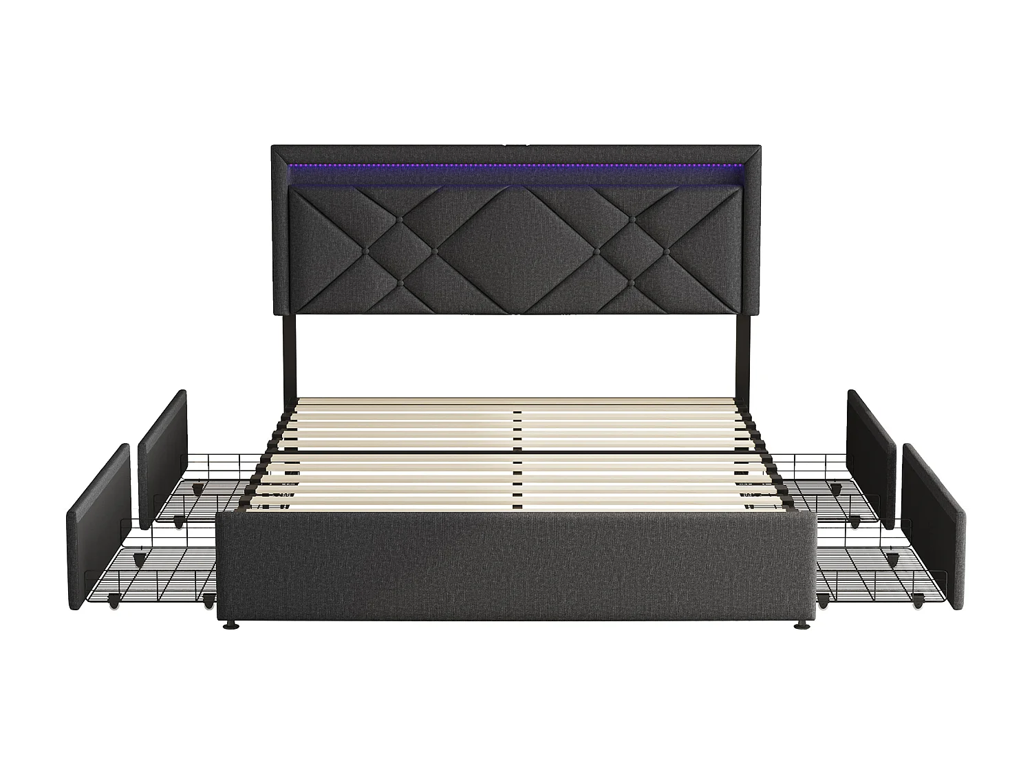 Lit 160x200 cm avec LED et USB - lit adulte 160x200 cm avec tiroirs rembourré - cadre de lit double 160x200 cm avec sommier à lattes - tissu en lin - gris