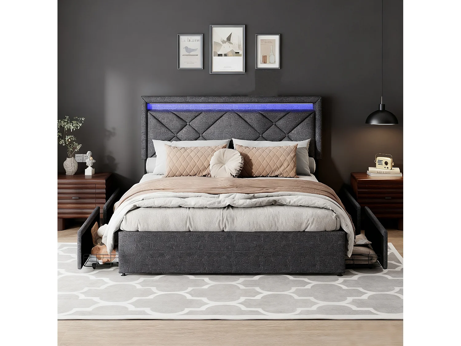 Lit 160x200 cm avec LED - lit adulte 160x200 cm avec tiroirs rembourré - cadre de lit double 160x200 cm avec sommier à lattes - tissu en lin - gris