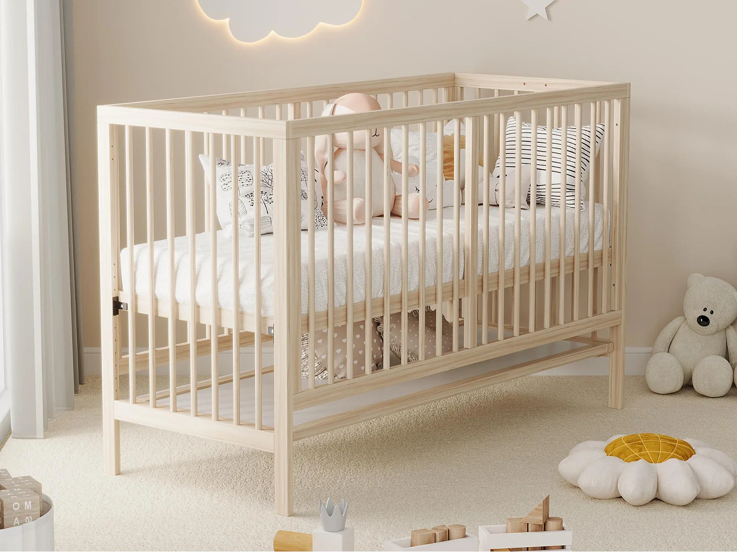 Lit bébé en bois 120x60x90 cm - Hauteur réglable - Fonction convertible - bois de pin - Naturel (sans matelas)