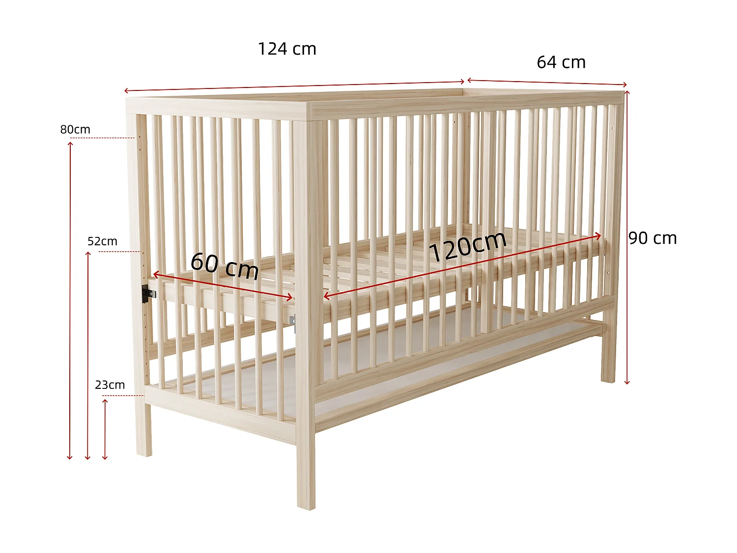 Lit bébé en bois 120x60x90 cm - Hauteur réglable - Fonction convertible - bois de pin - Naturel (sans matelas)