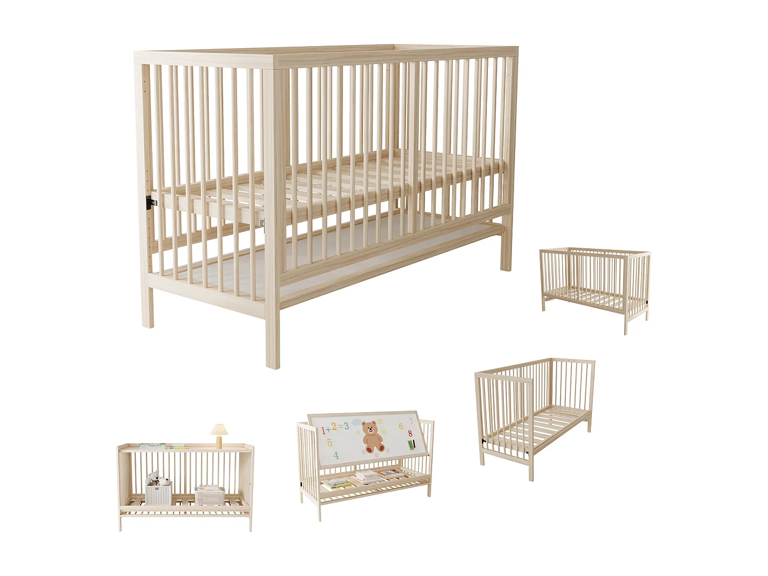 Lit bébé en bois 120x60x90 cm - Hauteur réglable - Fonction convertible - bois de pin - Naturel (sans matelas)