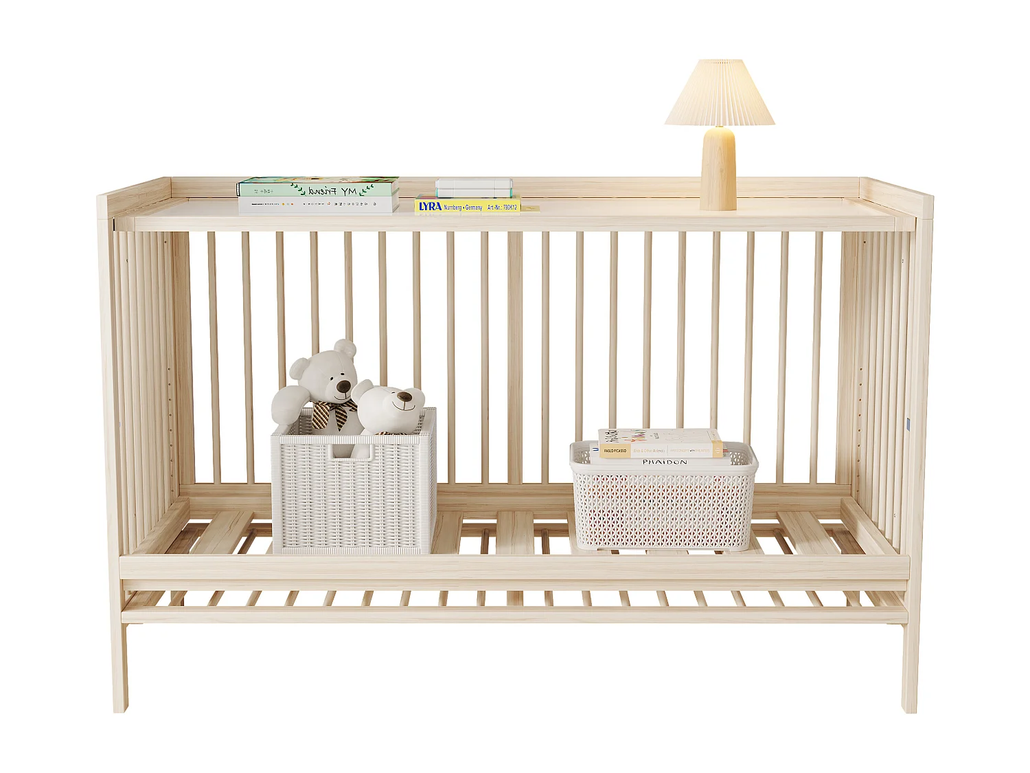 Lit bébé en bois 120x60x90 cm - Hauteur réglable - Fonction convertible - bois de pin - Naturel (sans matelas)