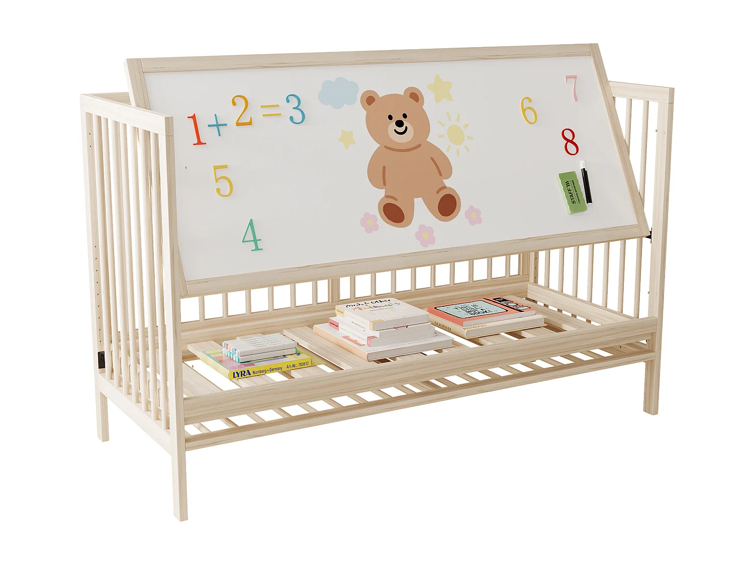 Lit bébé en bois 120x60x90 cm - Hauteur réglable - Fonction convertible - bois de pin - Naturel (sans matelas)