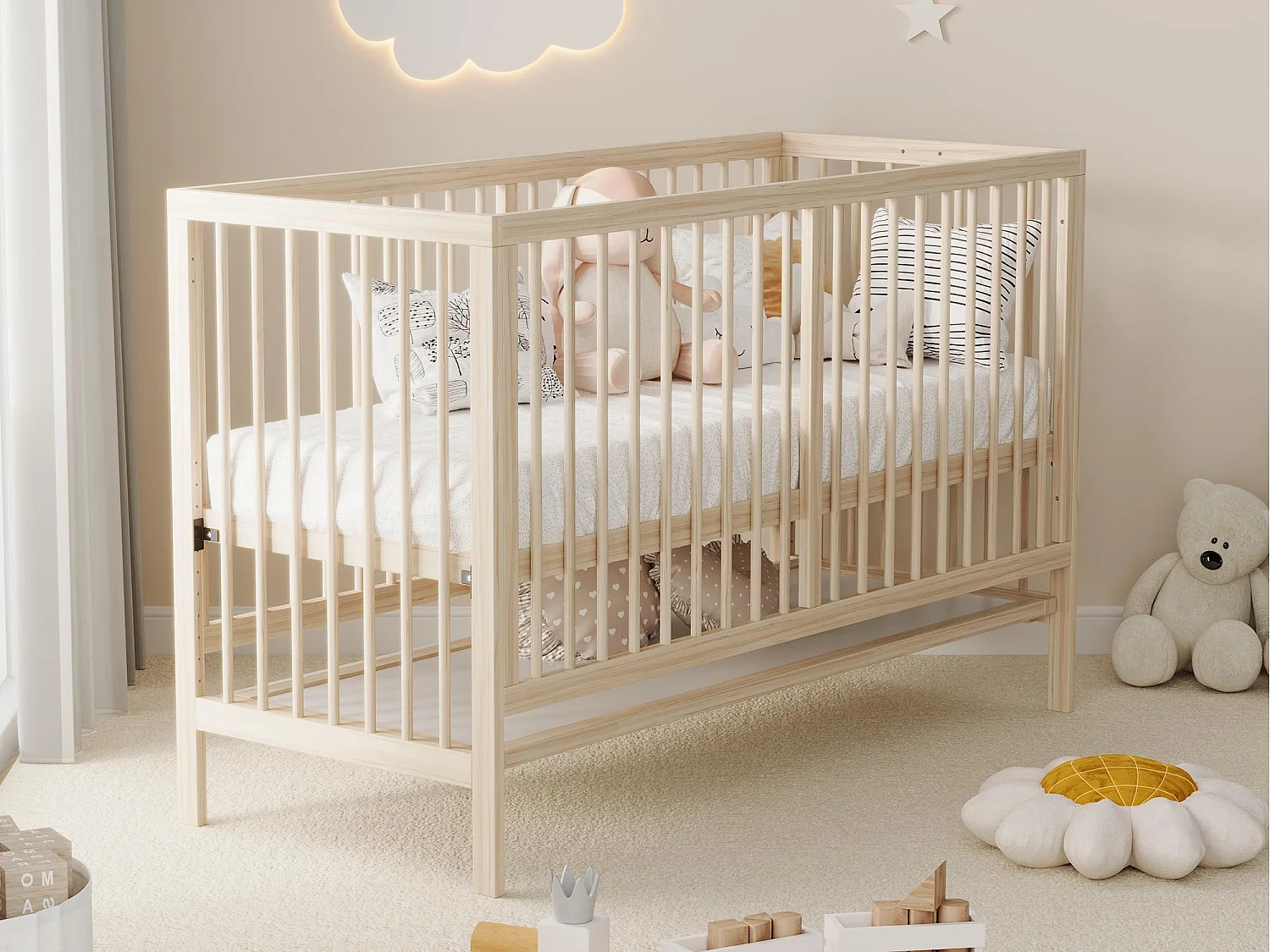Lit bébé en bois 140x60x90 cm - Hauteur réglable - Fonction convertible - Naturel (sans matelas)