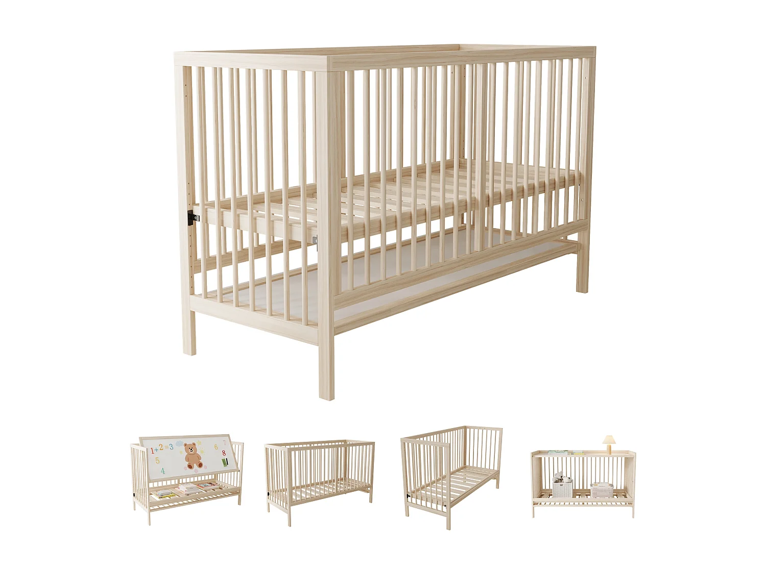 Lit bébé en bois 140x60x90 cm - Hauteur réglable - Fonction convertible - Naturel (sans matelas)