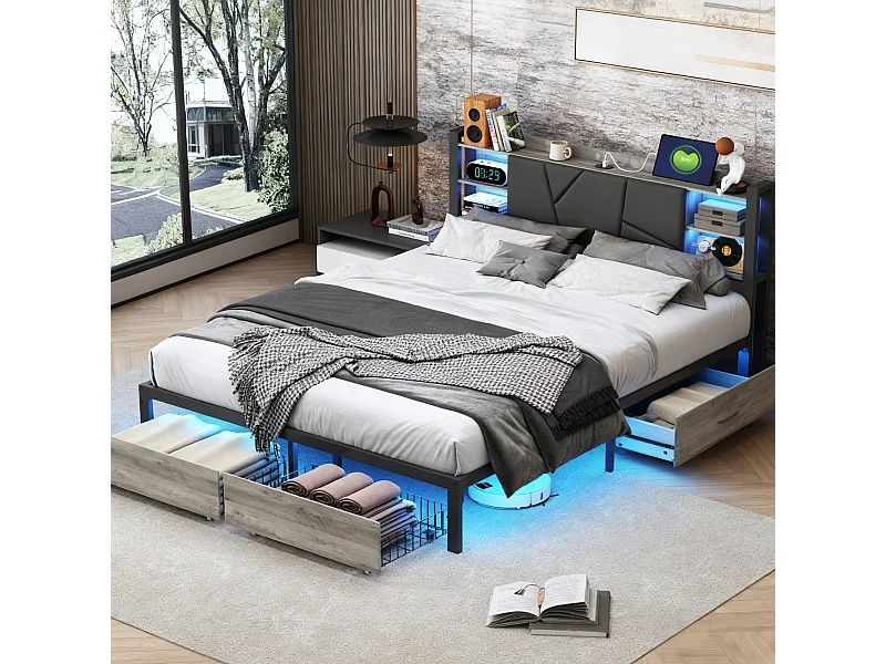 Lit double 140x200 avec tiroirs rembourré -  lit 140x200 cm avec LED et USB -  lit adulte 140x200 cm avec sommier à lattes- capitonné en tissu PU - noir