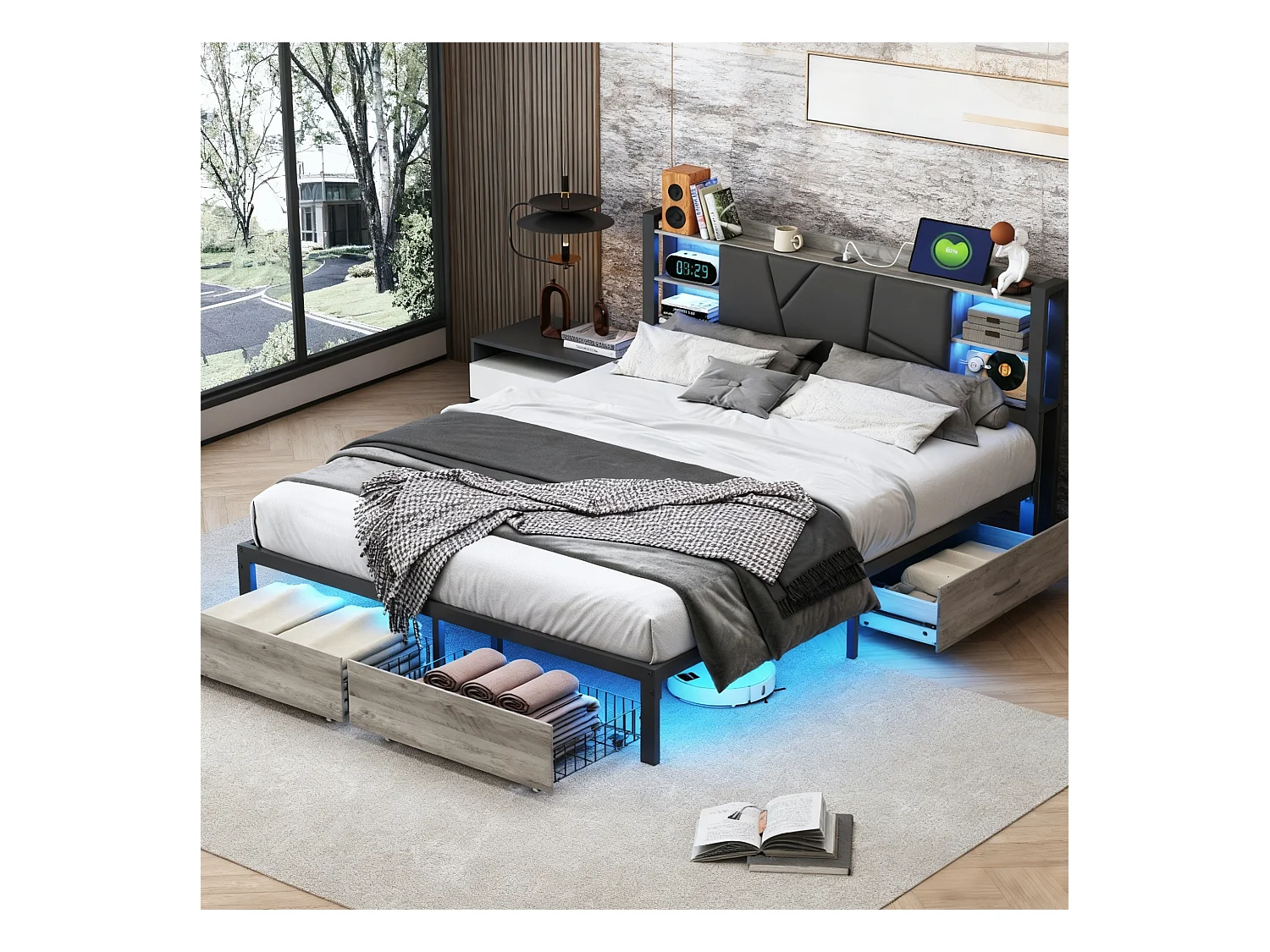 Lit double 140x200 avec tiroirs rembourré -  lit 140x200 cm avec LED et USB -  lit adulte 140x200 cm avec sommier à lattes- capitonné en tissu PU - noir