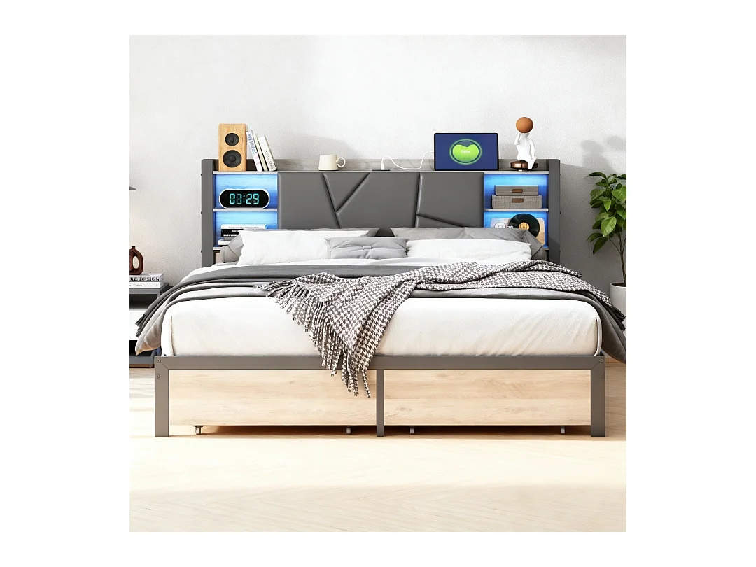 Lit double 140x200 avec tiroirs rembourré -  lit 140x200 cm avec LED et USB -  lit adulte 140x200 cm avec sommier à lattes- capitonné en tissu PU - noir