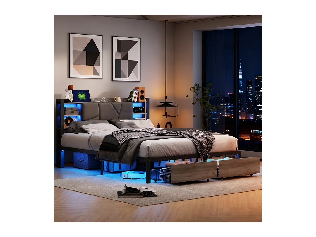 Lit double 140x200 avec tiroirs rembourré -  lit 140x200 cm avec LED et USB -  lit adulte 140x200 cm avec sommier à lattes- capitonné en tissu PU - noir