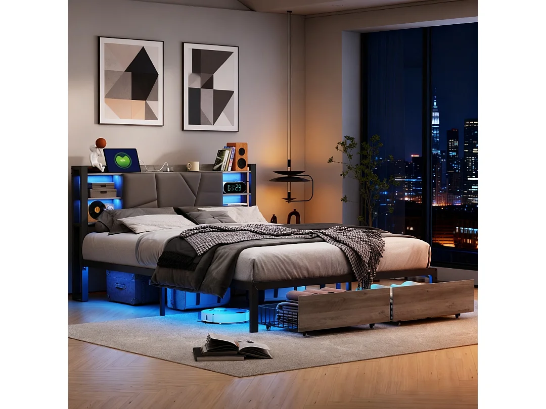 Lit double 140x200 avec tiroirs rembourré -  lit 140x200 cm avec LED et USB -  lit adulte 140x200 cm avec sommier à lattes- capitonné en tissu PU - noir