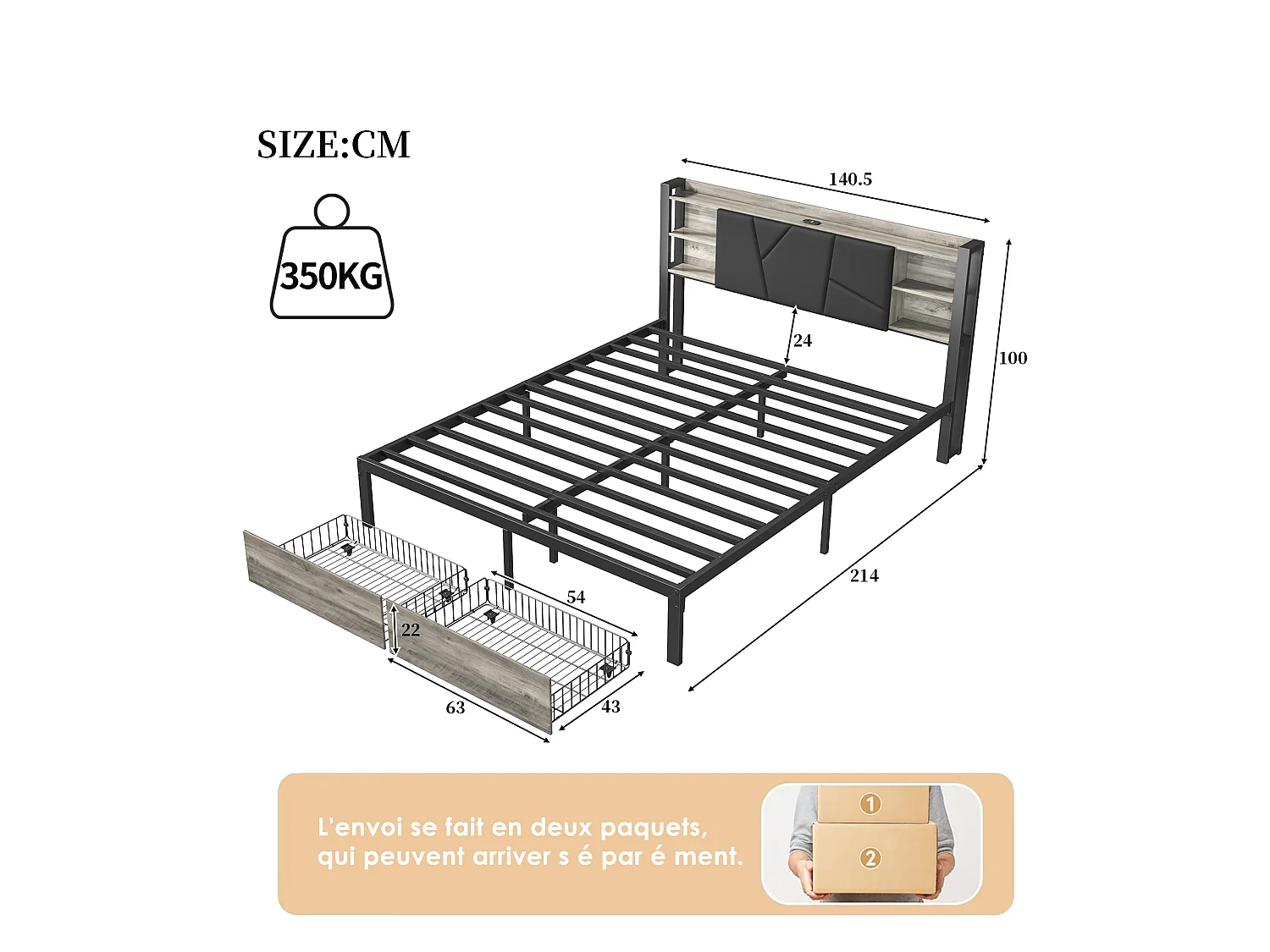 Lit adulte 140x200 cm avec sommier à lattes, cadre de lit en métal avec tiroirs, tête de lit rembourrée en PU noir, LED et USB, rangement intégré, sans matelas