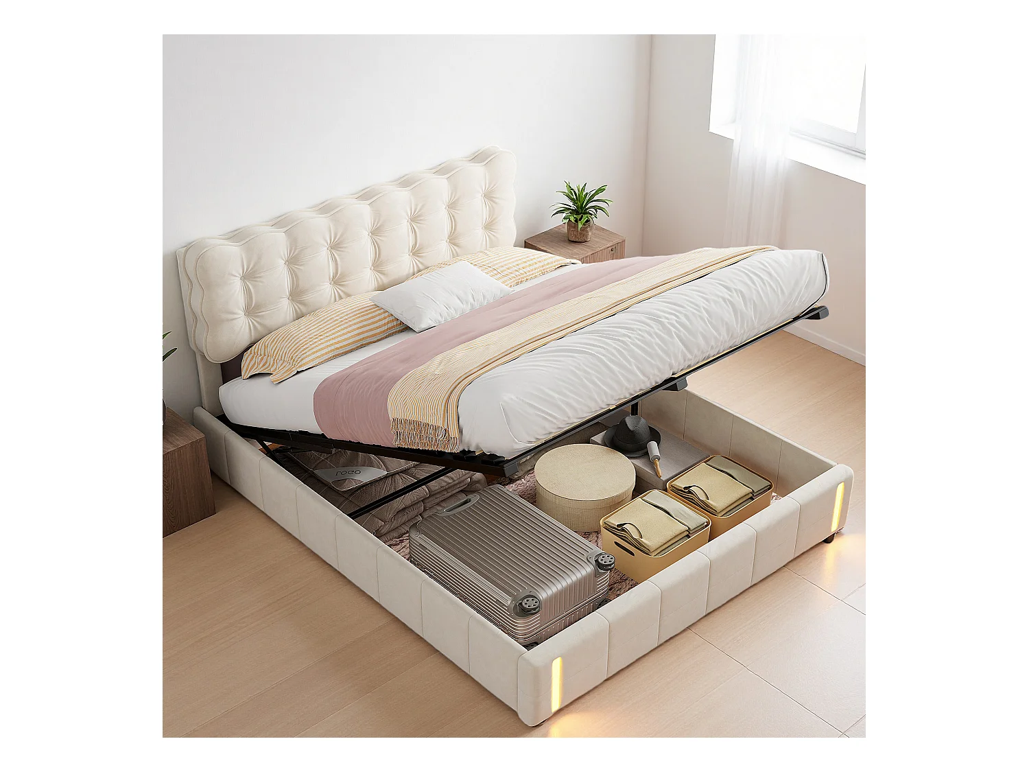 Lit coffre 140x200 cm avec sommier à lattes - lit adulte 140x200 cm - cadre de lit 140x200 cm - Led - tissu en velours - beige