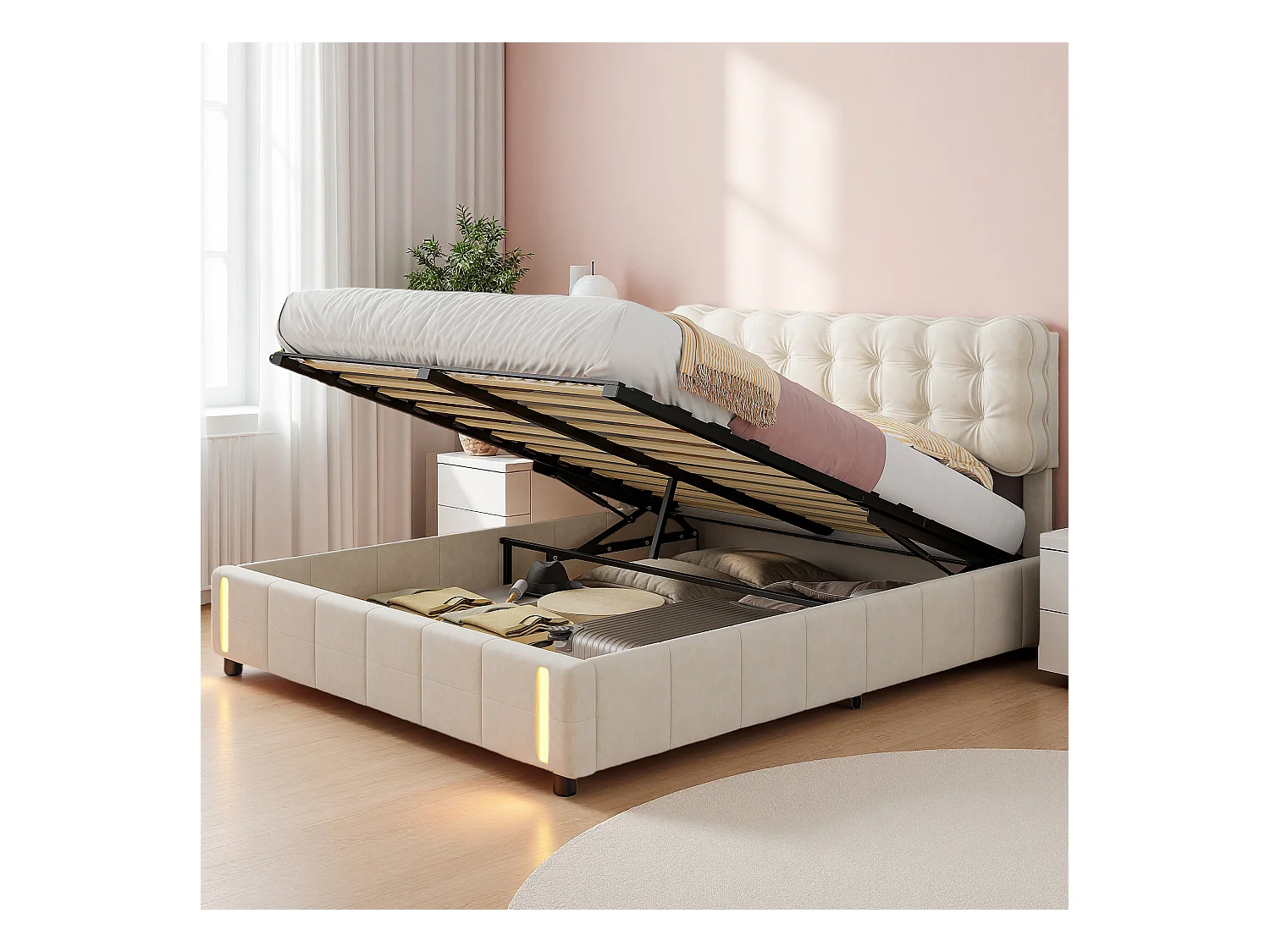 Lit coffre 140x200 cm avec sommier à lattes - lit adulte 140x200 cm - cadre de lit 140x200 cm - Led - tissu en velours - beige