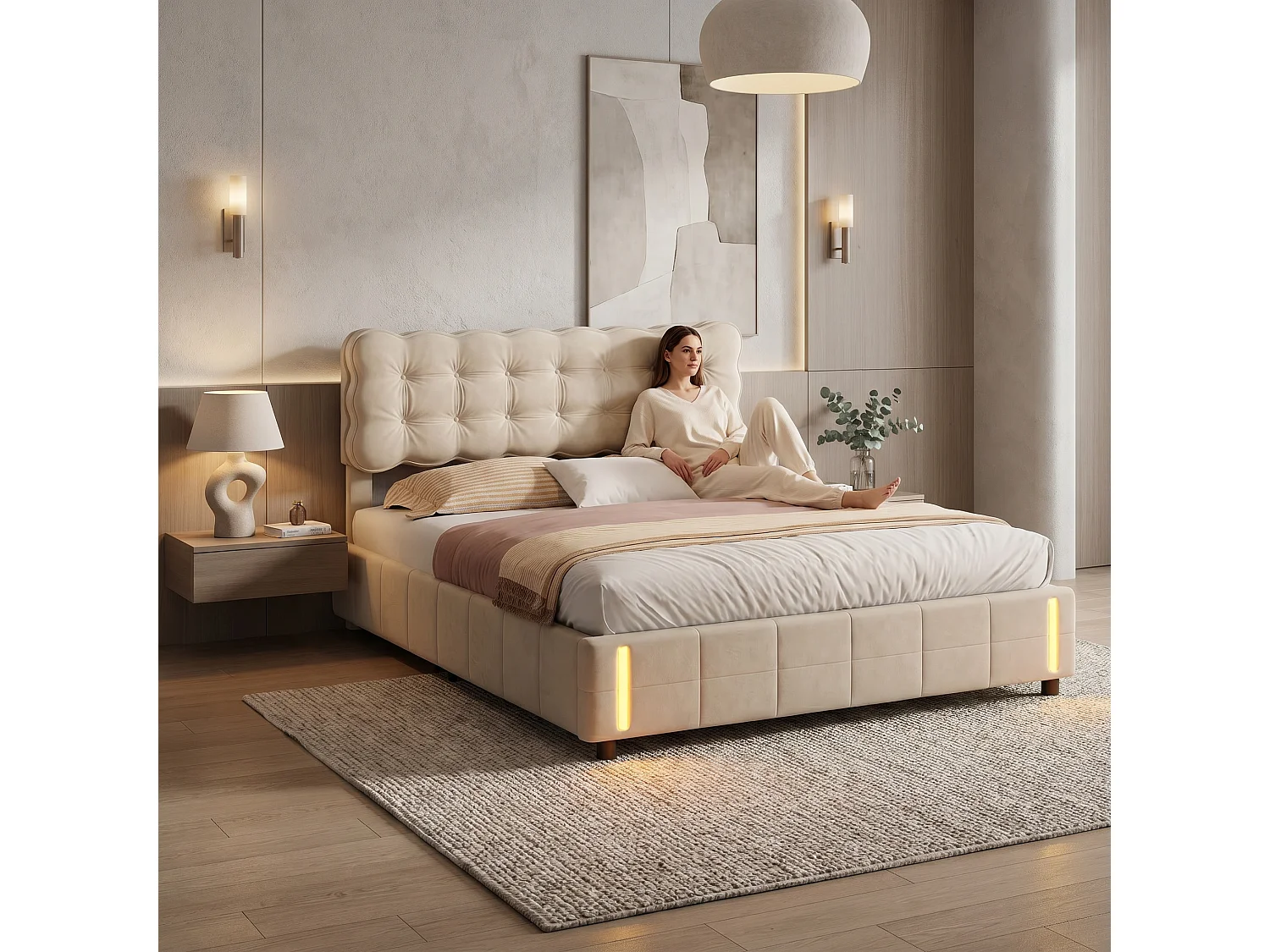 Lit coffre 140x200 cm en velours beige - Lit adulte avec sommier à lattes et éclairage LED intégré