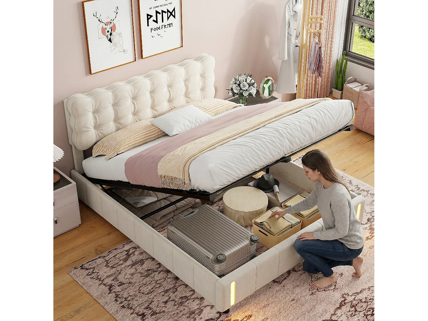 Lit coffre 140x200 cm en velours beige - Lit adulte avec sommier à lattes et éclairage LED intégré