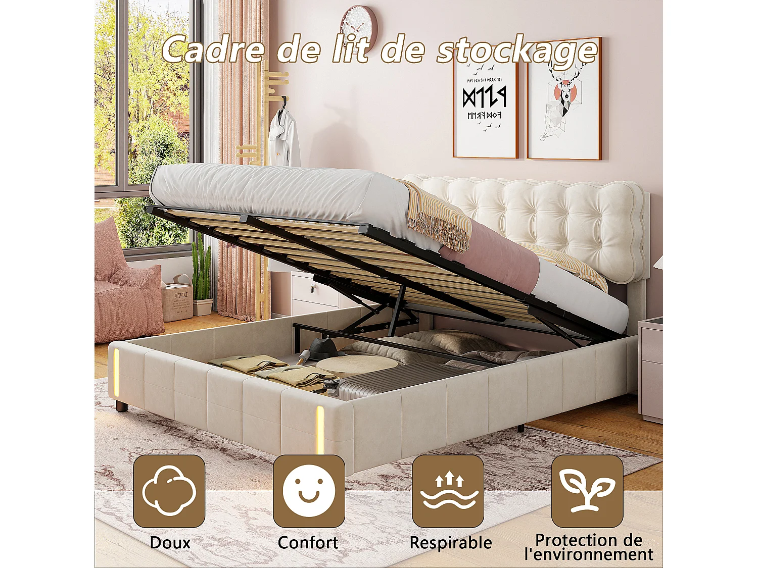 Lit coffre 140x200 cm en velours beige - Lit adulte avec sommier à lattes et éclairage LED intégré