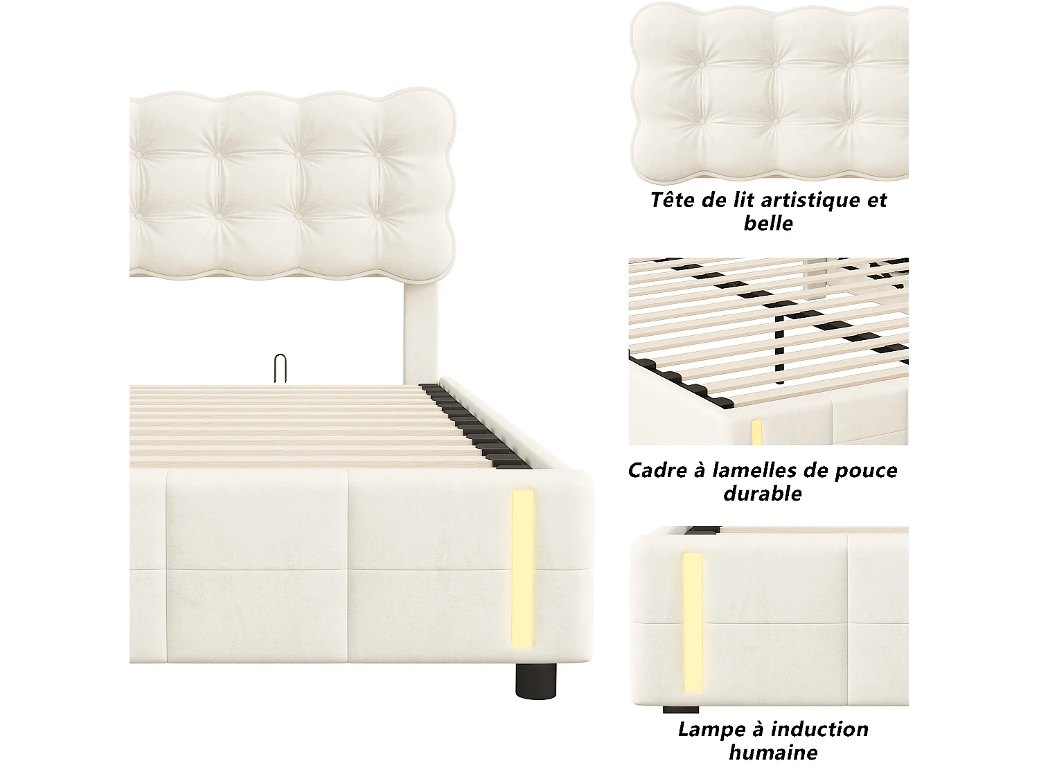 Lit coffre 140x200 cm en velours beige - Lit adulte avec sommier à lattes et éclairage LED intégré