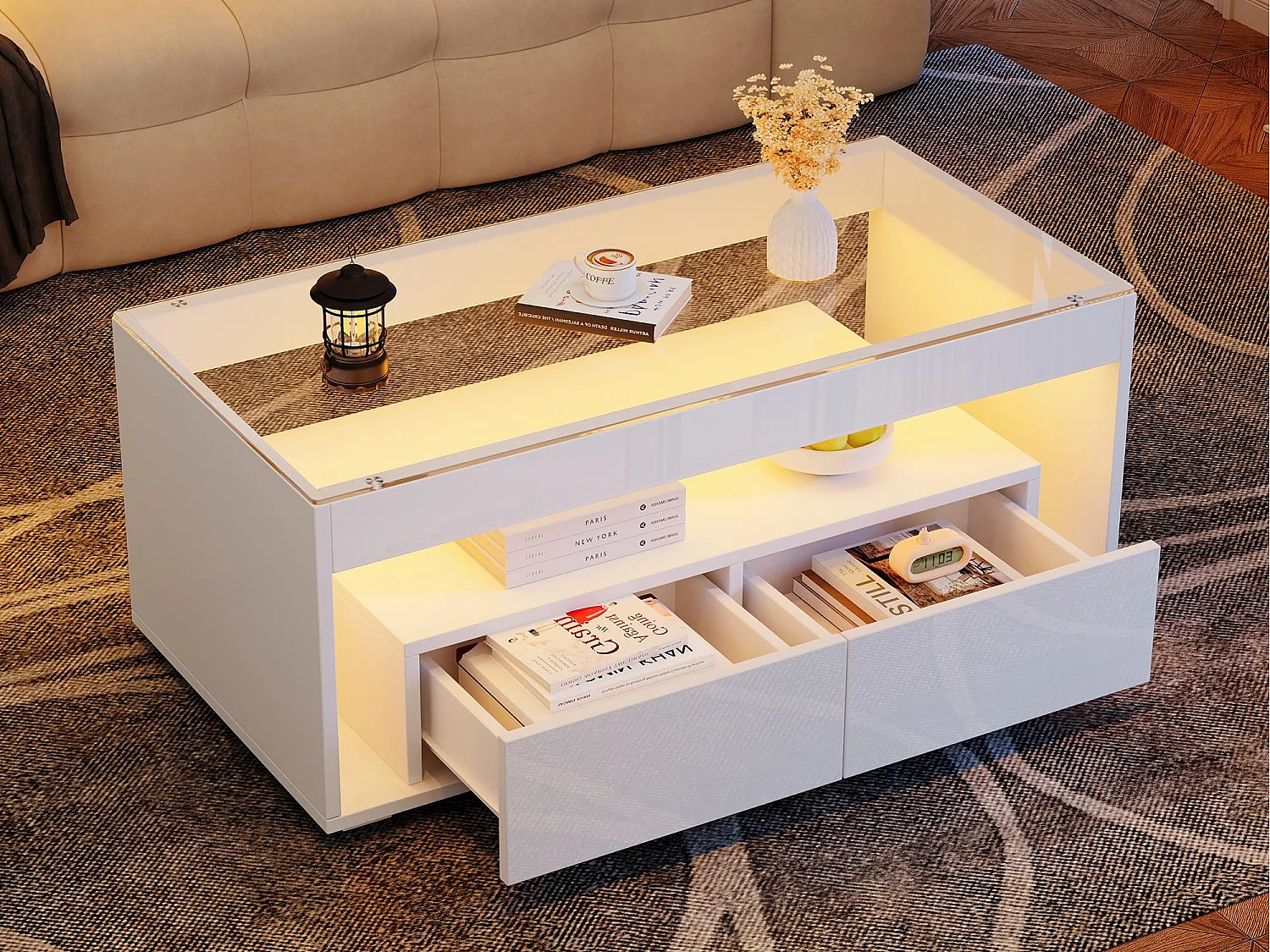 Błyszczący stolik kawowy 100x50x40 cm - z 2 szufladami - z oświetleniem LED - Blat szklany - Biały