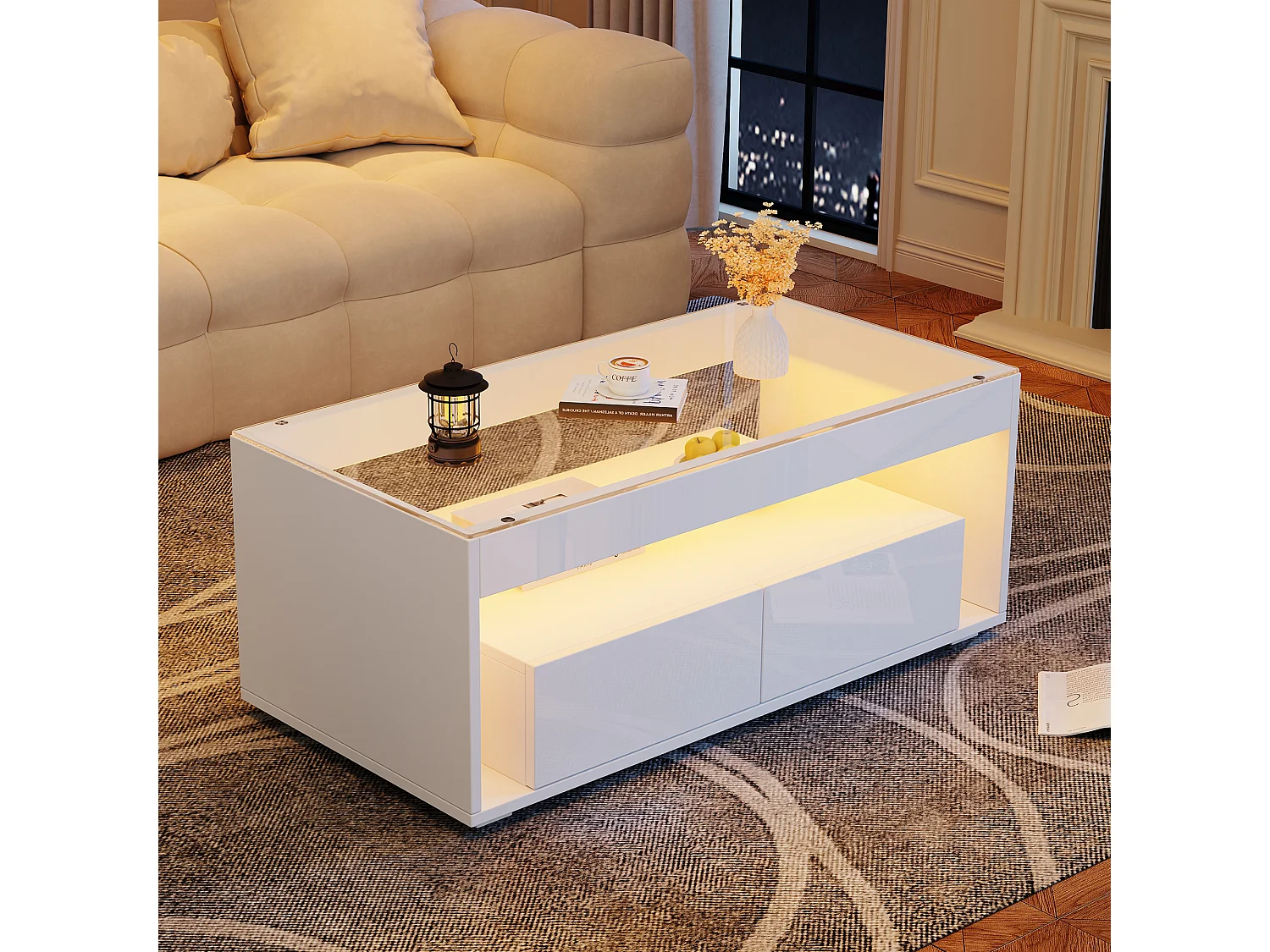 Błyszczący stolik kawowy 100x50x40 cm - z 2 szufladami - z oświetleniem LED - Blat szklany - Biały