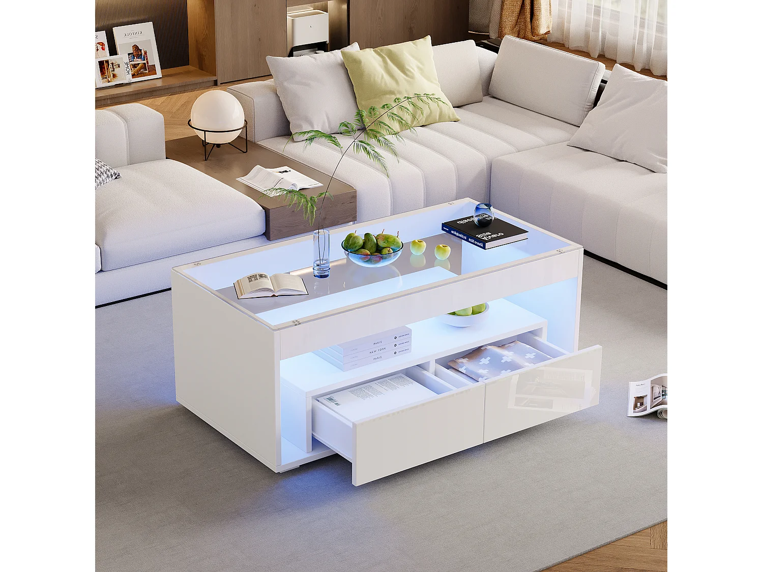 Błyszczący stolik kawowy 100x50x40 cm - z 2 szufladami - z oświetleniem LED - Blat szklany - Biały