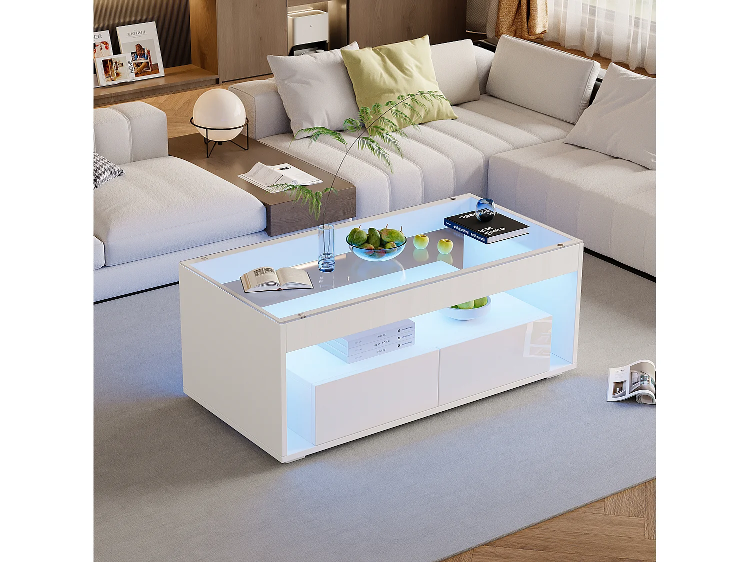 Błyszczący stolik kawowy 100x50x40 cm - z 2 szufladami - z oświetleniem LED - Blat szklany - Biały