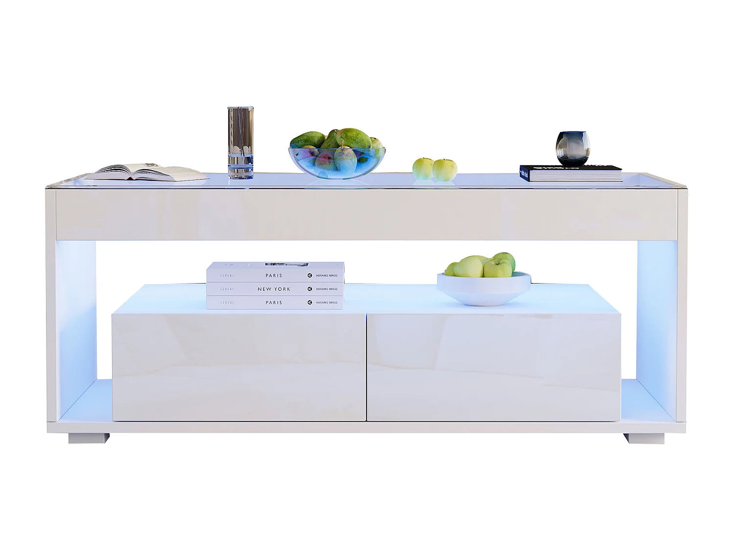 Błyszczący stolik kawowy 100x50x40 cm - z 2 szufladami - z oświetleniem LED - Blat szklany - Biały