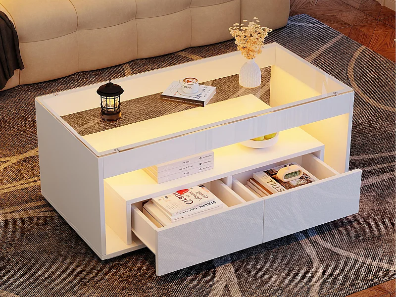 Błyszczący stolik kawowy 100x50x40 cm - z 2 szufladami - z oświetleniem LED - Blat szklany - Biały