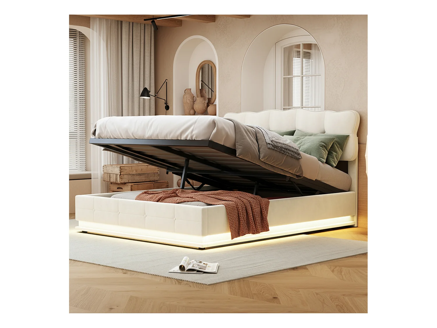 Lit coffre 140x190 avec sommier à lattes - lit double 140x190 avec LED - cadre de lit 140x190 cm - tissu en velours - crème