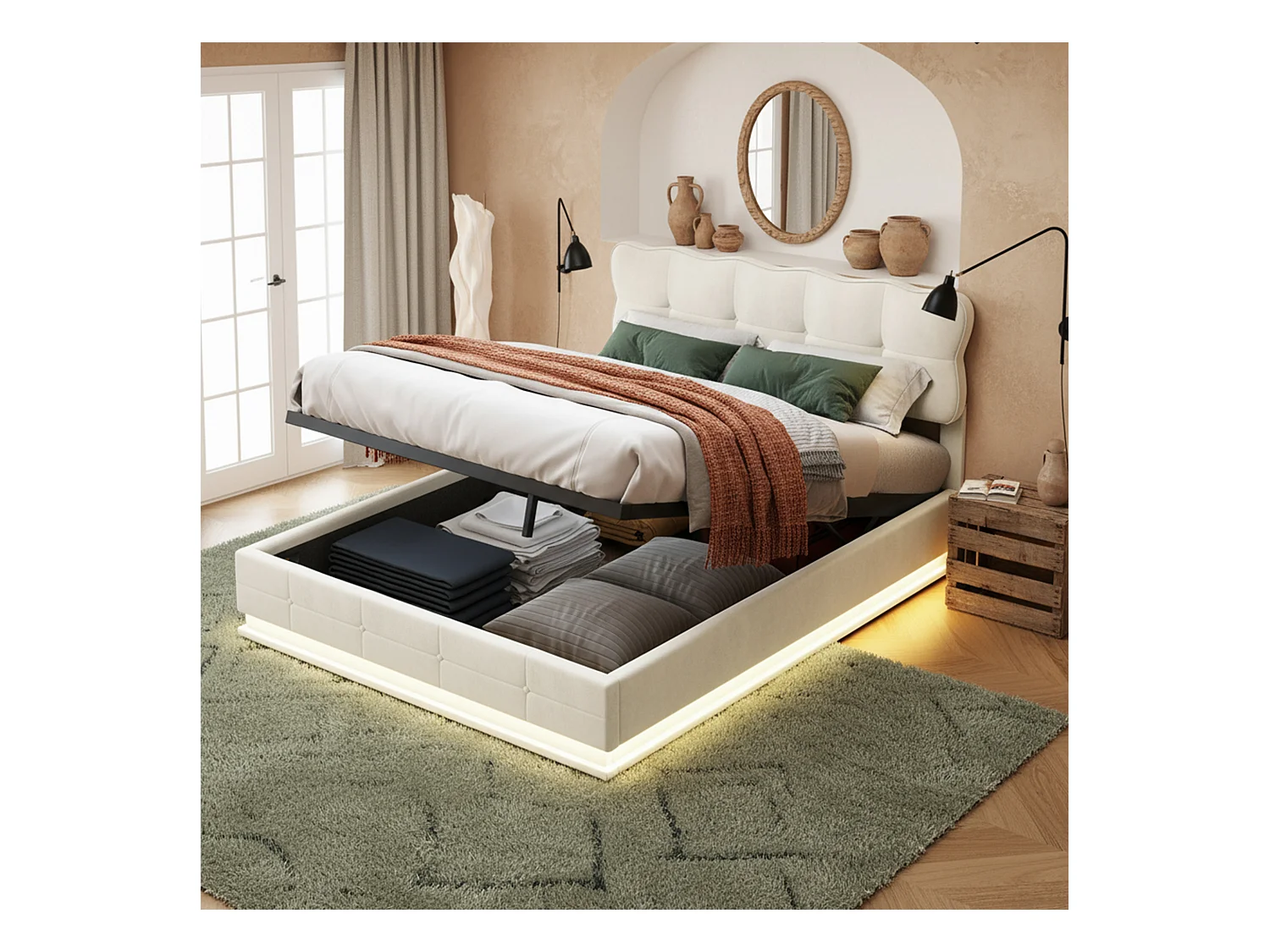 Lit coffre 140x190 avec sommier à lattes - lit double 140x190 avec LED - cadre de lit 140x190 cm - tissu en velours - crème