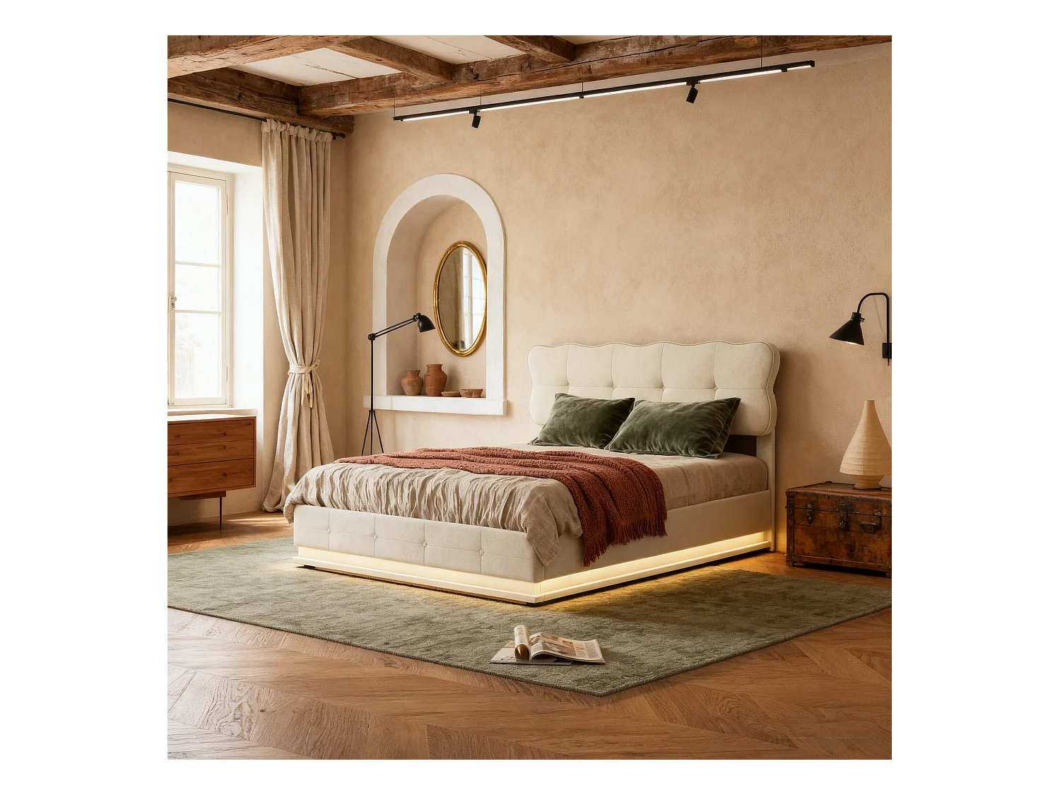 Lit coffre 140x190 avec sommier à lattes - lit double 140x190 avec LED - cadre de lit 140x190 cm - tissu en velours - crème
