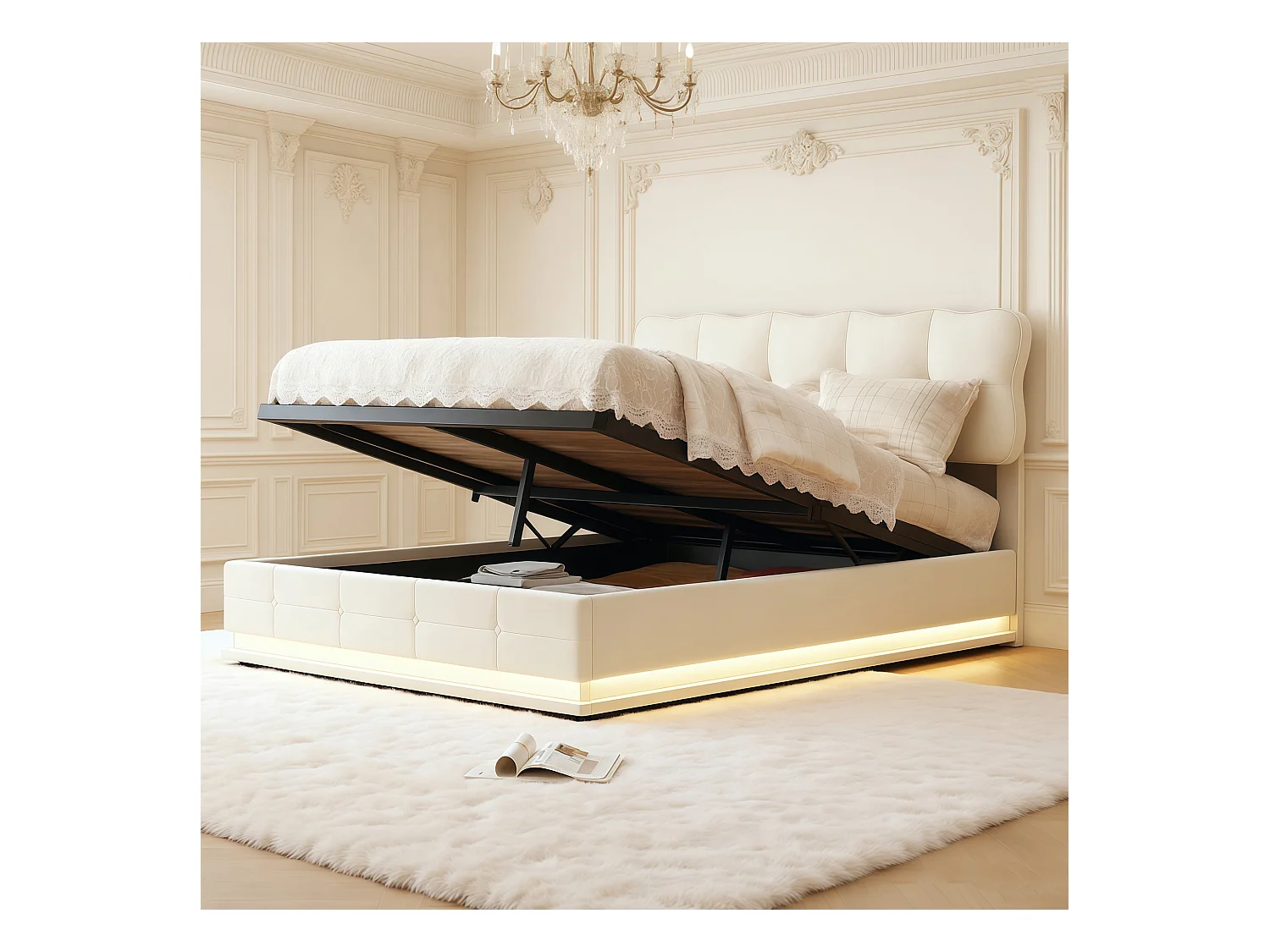 Lit coffre 140x190 avec sommier à lattes - lit double 140x190 avec LED - cadre de lit 140x190 cm - tissu en velours - crème