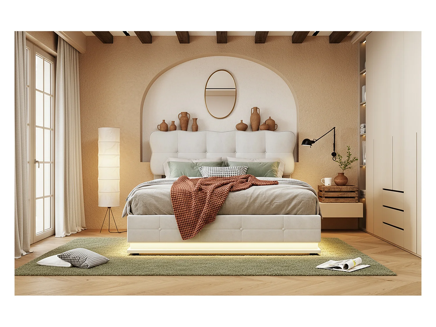 Lit coffre 140x190 avec sommier à lattes - lit double 140x190 avec LED - cadre de lit 140x190 cm - tissu en velours - crème