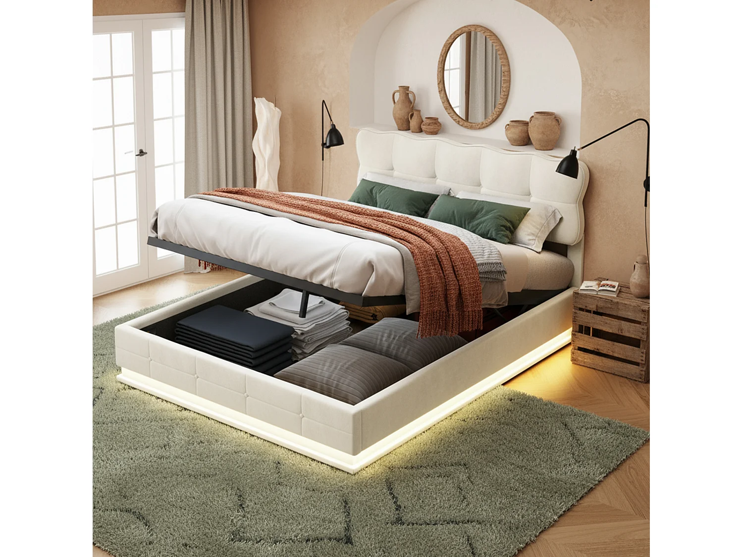 Lit coffre 140x190 avec sommier à lattes - lit double 140x190 avec LED - cadre de lit 140x190 cm - tissu en velours - crème