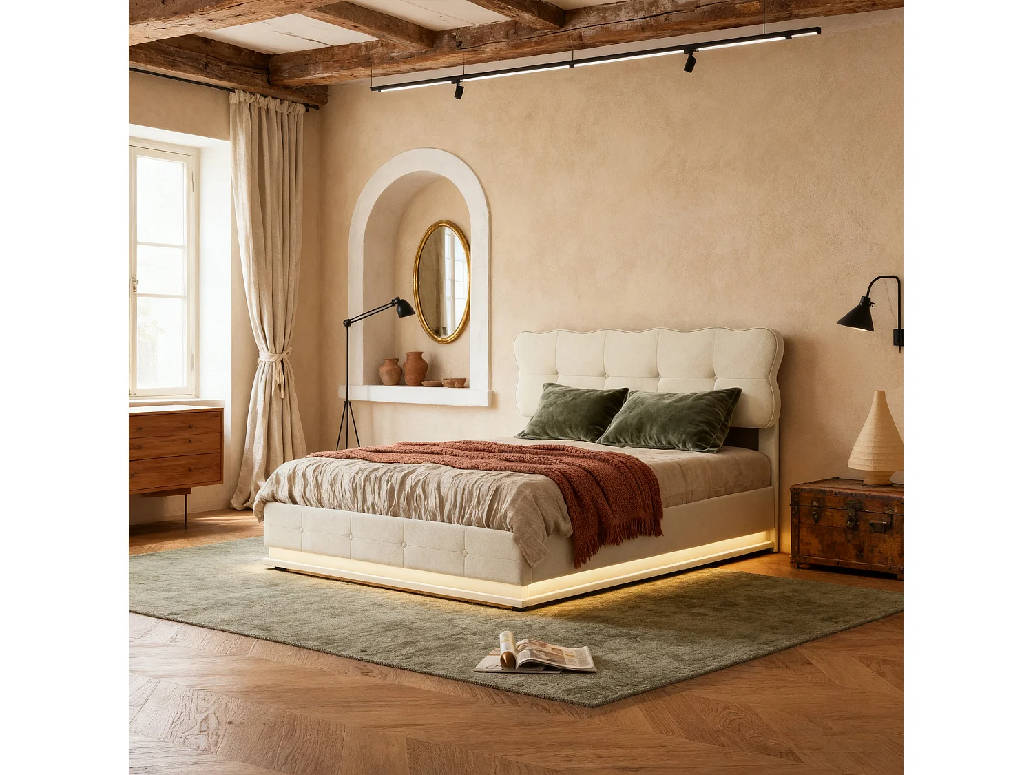 Lit coffre 140x190 avec sommier à lattes - lit double 140x190 avec LED - cadre de lit 140x190 cm - tissu en velours - crème