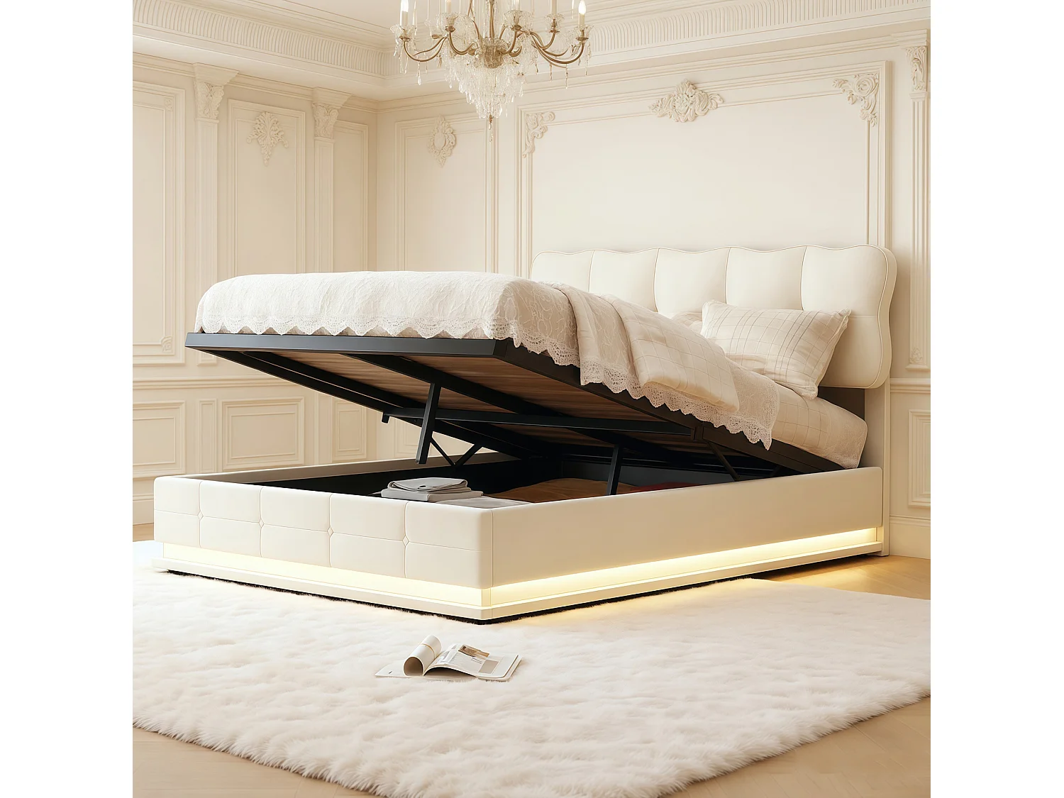 Lit coffre 140x190 avec sommier à lattes - lit double 140x190 avec LED - cadre de lit 140x190 cm - tissu en velours - crème